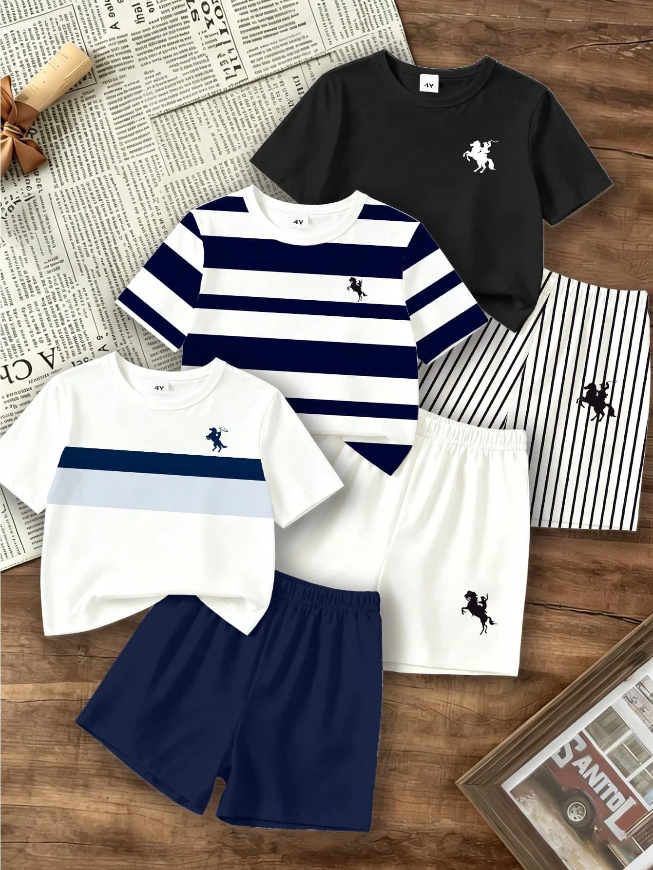Souflis Souflis 6pcs/Set Young Boy's Fashion Horse Logo Print Round Neck T-Shirt & Solid Color Shorts,Multi-Piece Summer Outfit For School Outings 80s