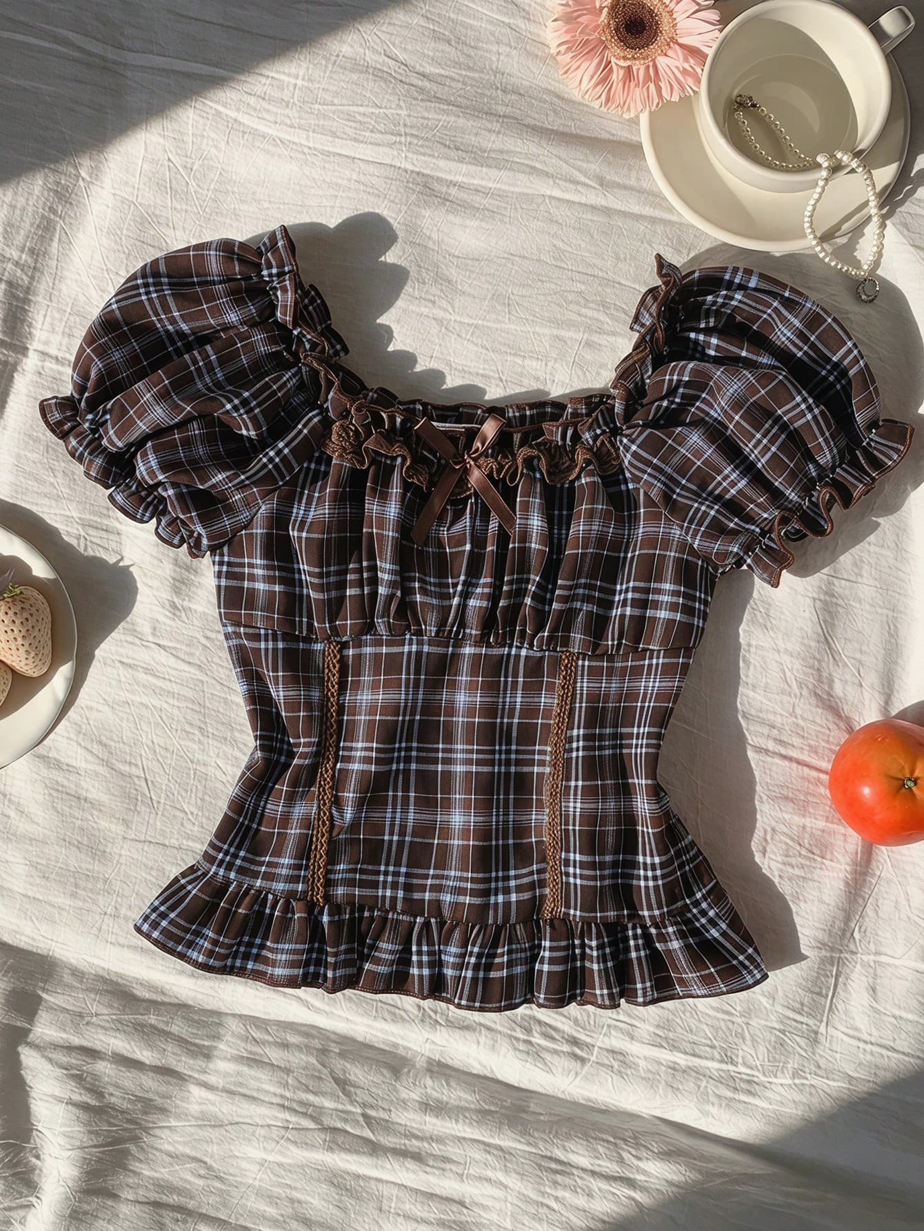 Tween Girls' Vintage Casual Plaid Ruffle Puff Sleeve Shirt, Summer