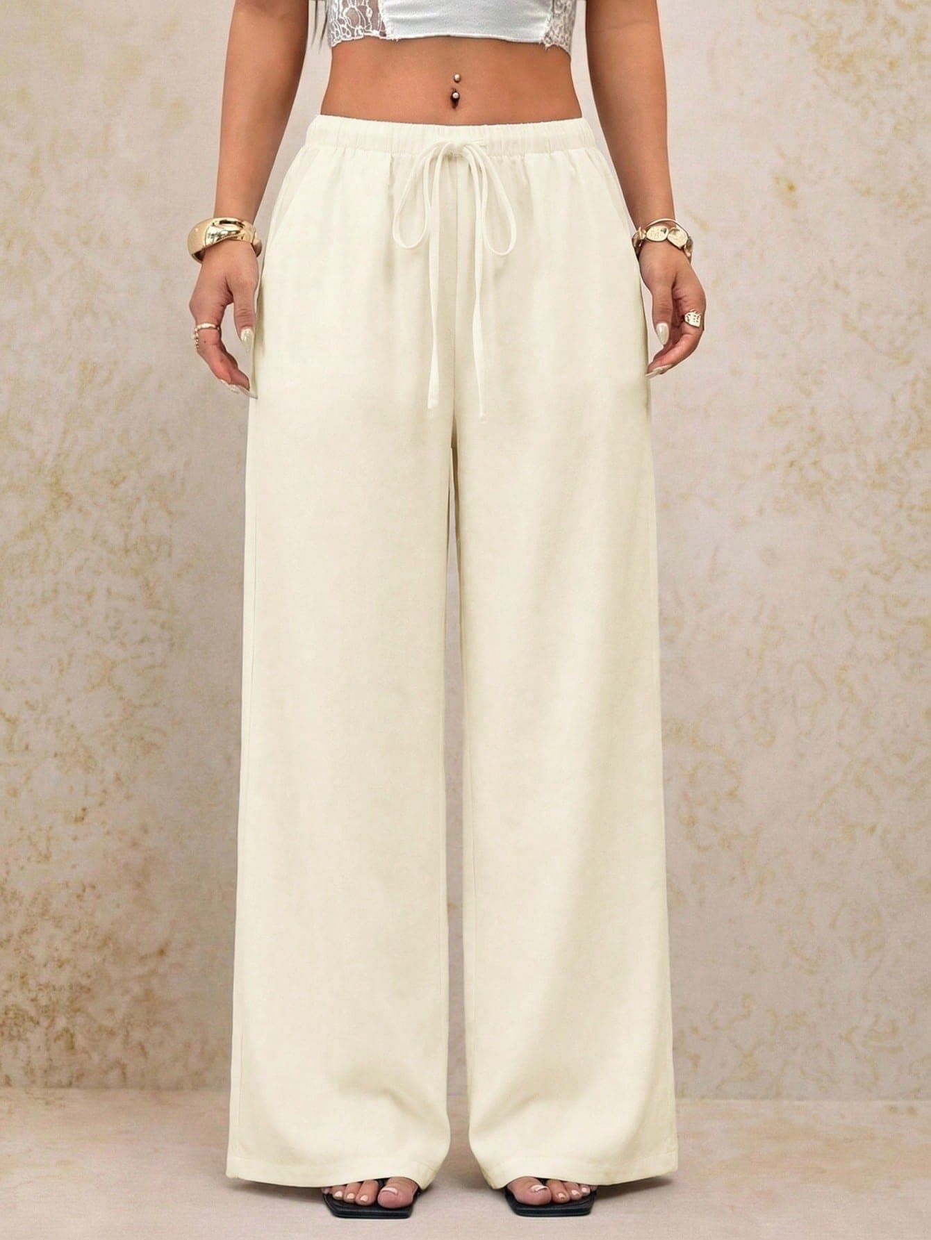 SHEIN PETITE Women White Summer Boho Beach Vacation Holiday Pants,Elegant Business Casual Wide Leg Straight Leg Baggy Trousers,Vintage Y2k Streetwear Work Clothes ,Petite Women
