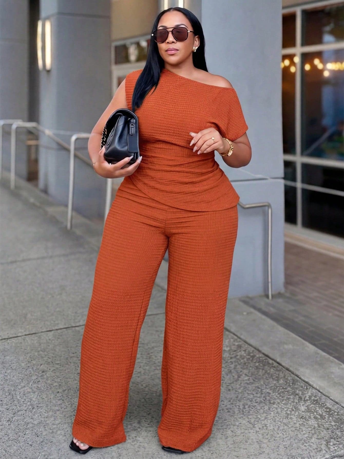 Veslaya Rust Orange,Autumn,Elegant,Everyday,Wedding Ninang Plus Size Women's Asymmetrical Shoulder Fitted Wide-Leg Pants 2-Piece Set,Casual Party Streetwear