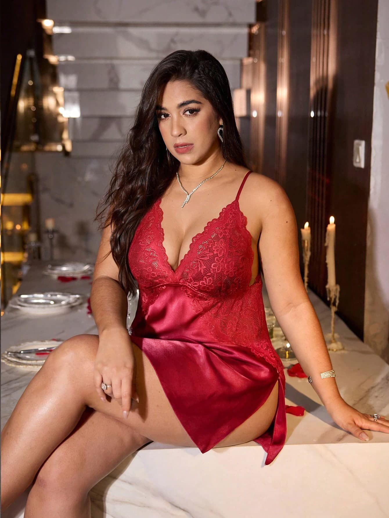 SilkySpell Plus Size Burgundy Lace Nightgown, Women Silky Satin Deep V Backless Camisole Sleepwear Night Wedding Summer