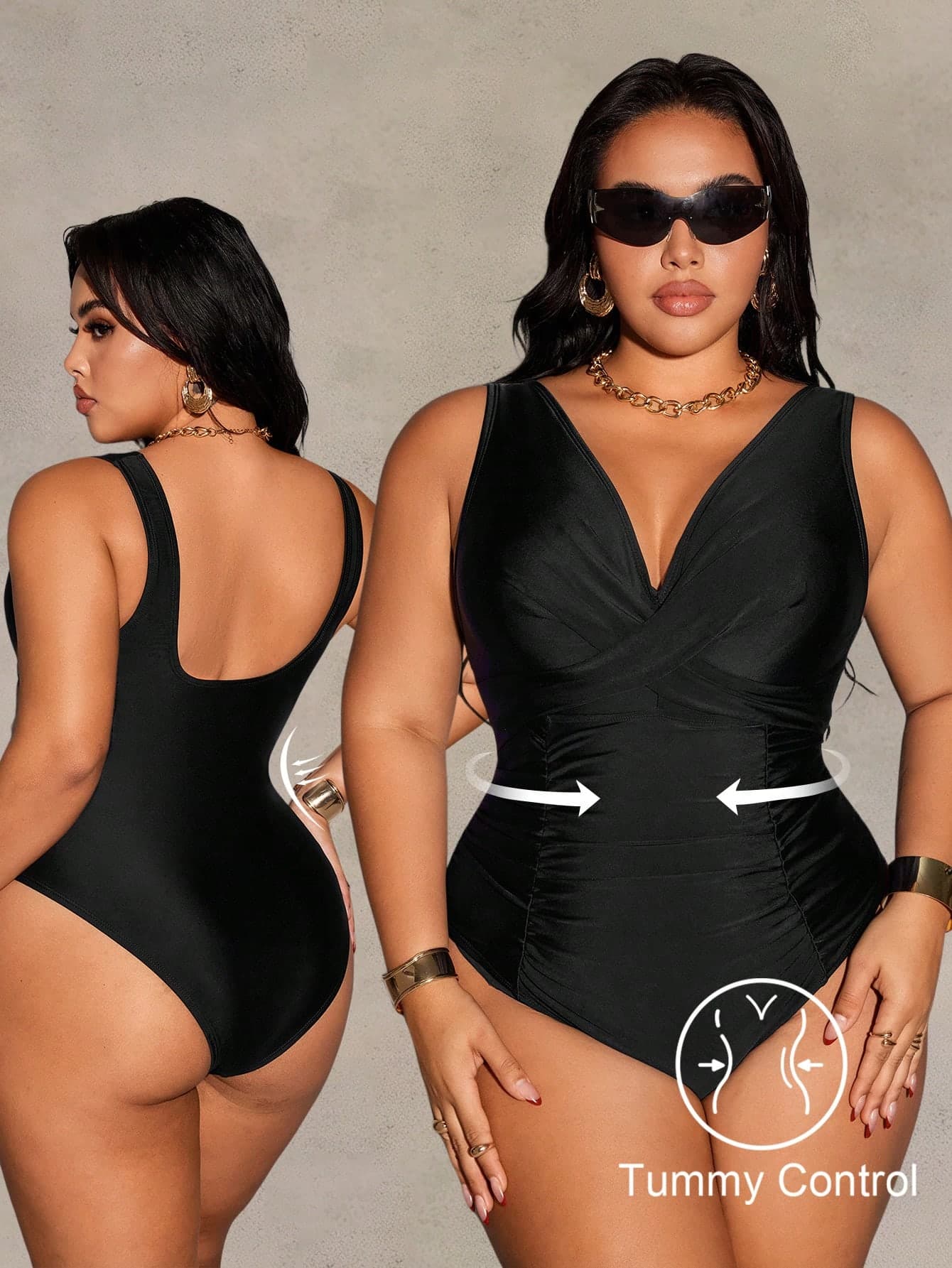 Shapewave 2026 New Summer Beach Vacation Solid Color Slimming Shaping High-Waisted Plus Size One-Piece Swimsuit