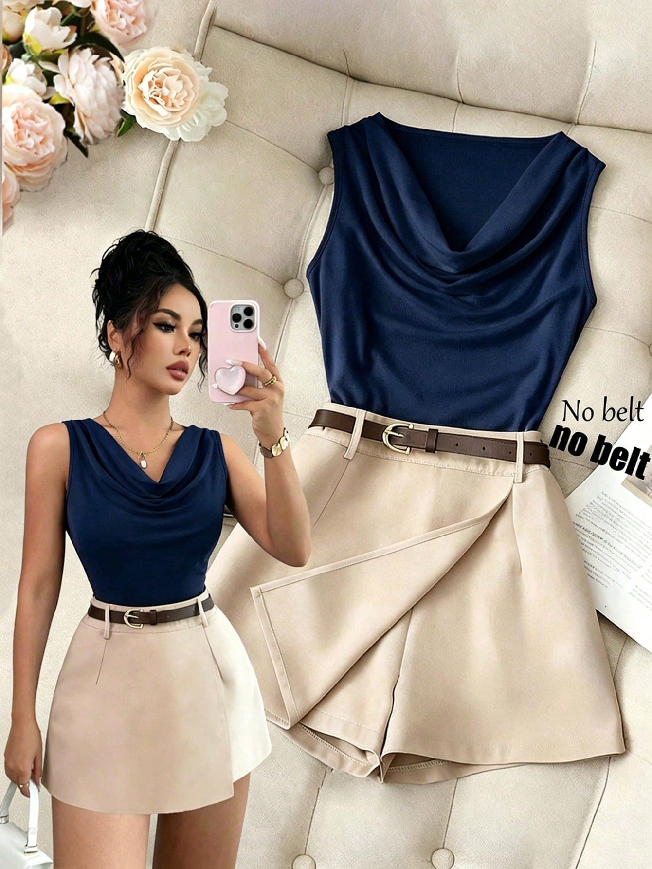 Rafferiza Plunging Neckline Sleeveless Fitted Brown Camisole Paired With Apricot Office Suit Skort - Women 2 Pieces Set