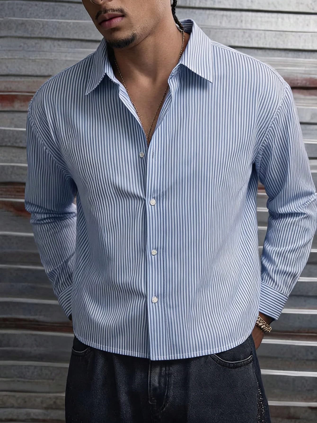 DAZY Short Blue Striped Casual Shirt For Men