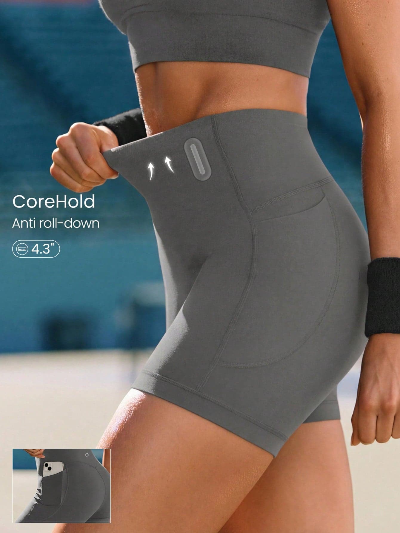 GLOWMODE 4.3" FeatherFit™-Sculpt Pavement Pusher No Front Seam Corset Support Tummy Control Biker Shorts With Side Pockets Non-Slip Strips Running Gym Workout