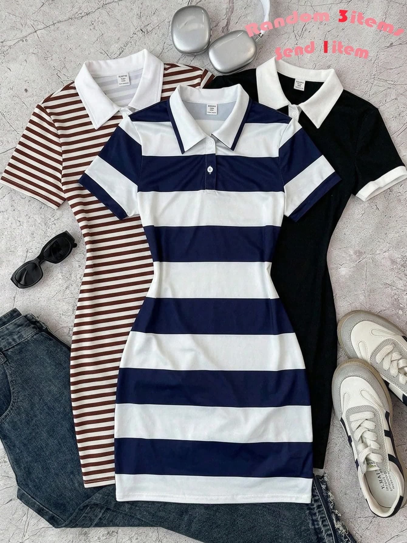Teen Girl Casual School Style Polo Collar Navy Blue & White Striped Snug Fit Dress,Summer Graduation Back-To-School Tween Clothes,Random 1item/3pcs
