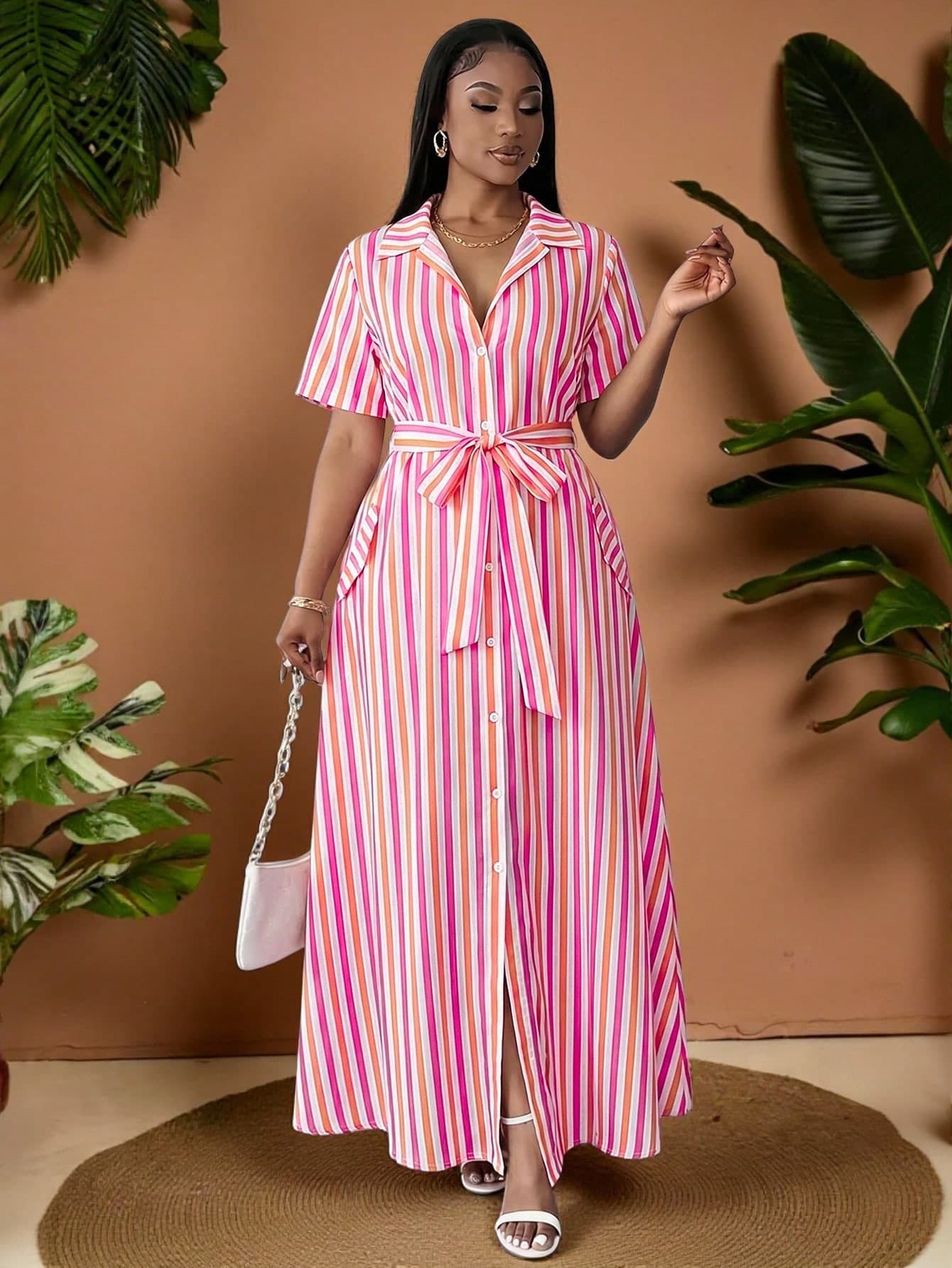 Maweii Plus Size Women's Summer Casual Vacation Colorblock Striped Print Short Sleeve Belted Shirt Dress