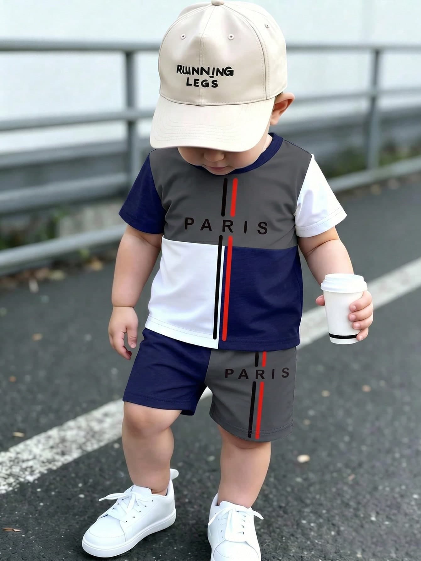 2pcs Baby Boy Outfit, Fashionable Minimalist Letter Pattern & Colorblock Paris Stripe Print Round Neck Short Sleeve T-Shirt With Colorblock Shorts, Suitable For Summer Outings