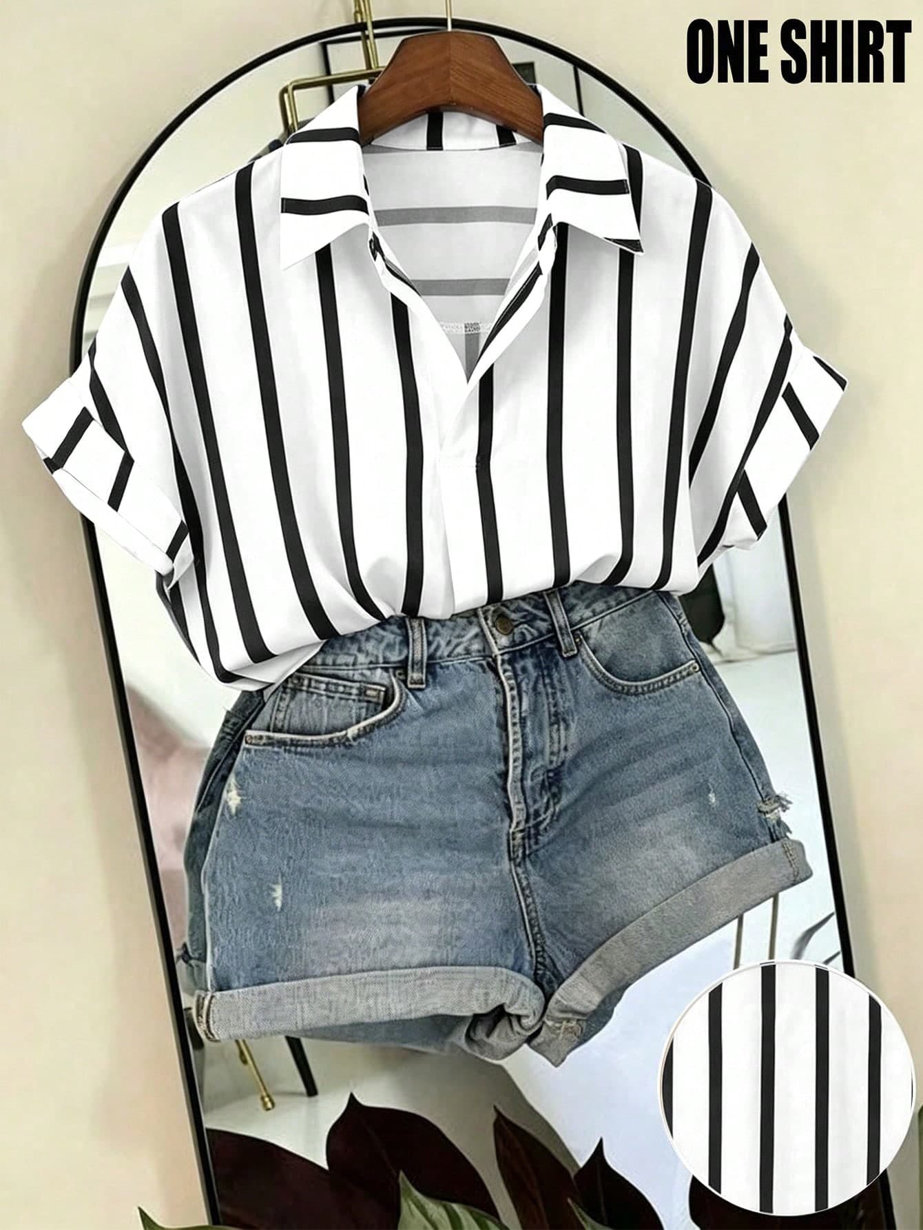 Franclia Black And White Striped Women's Summer Casual Vacation Shirt,French Design Loose Batwing Sleeve Lapel Short Sleeve Top,Beach Cover Up Outfit