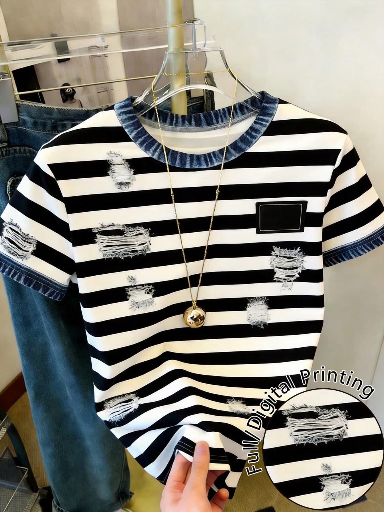 Resyla Women's Denim Effect Print Striped Contrast Color Round Neck Short Sleeve T-Shirt
