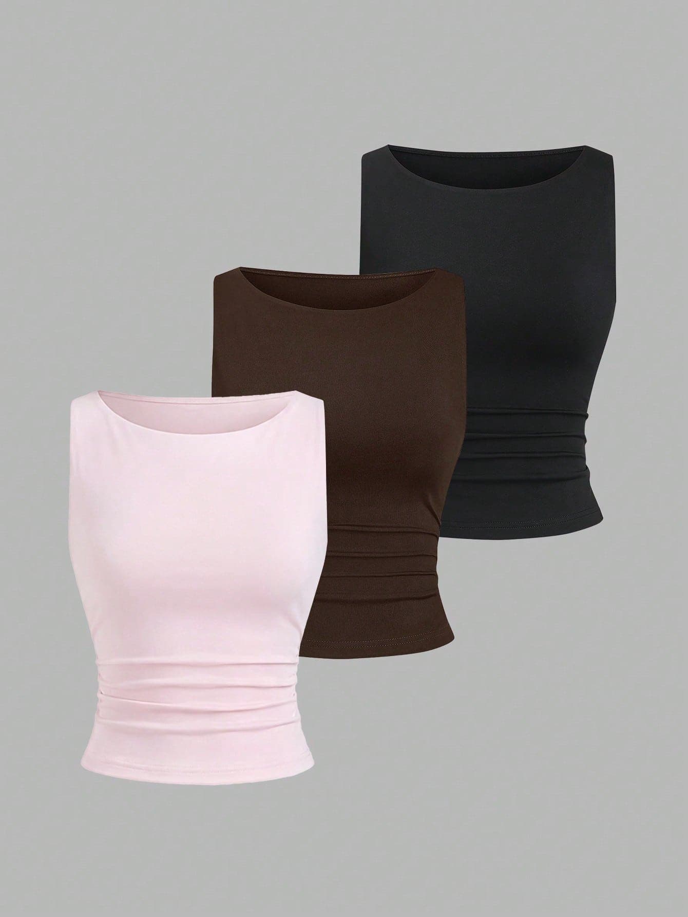 Sweetra Women's Boat Neck Basic Solid Color Pleated Fitted Camisole