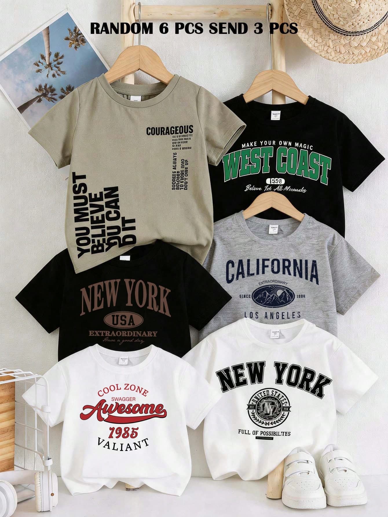 Random 6pcs Send 3pcs, Tween Boy Casual Round Neck Short Sleeve T-Shirts, City Text Graphic Print, Sage Green, Summer, Casual, School, Back-To-School Tops