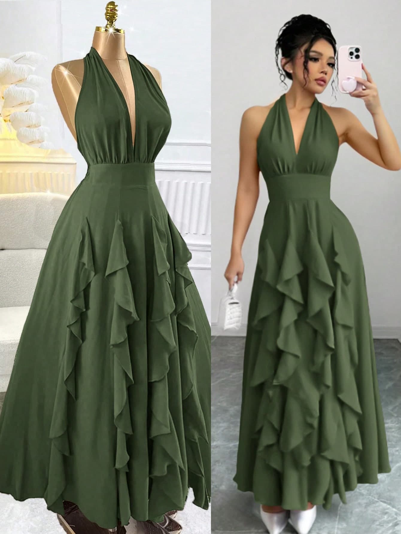 Rafferiza Women's Elegant Ruffle Waist Solid Color Summer Dress