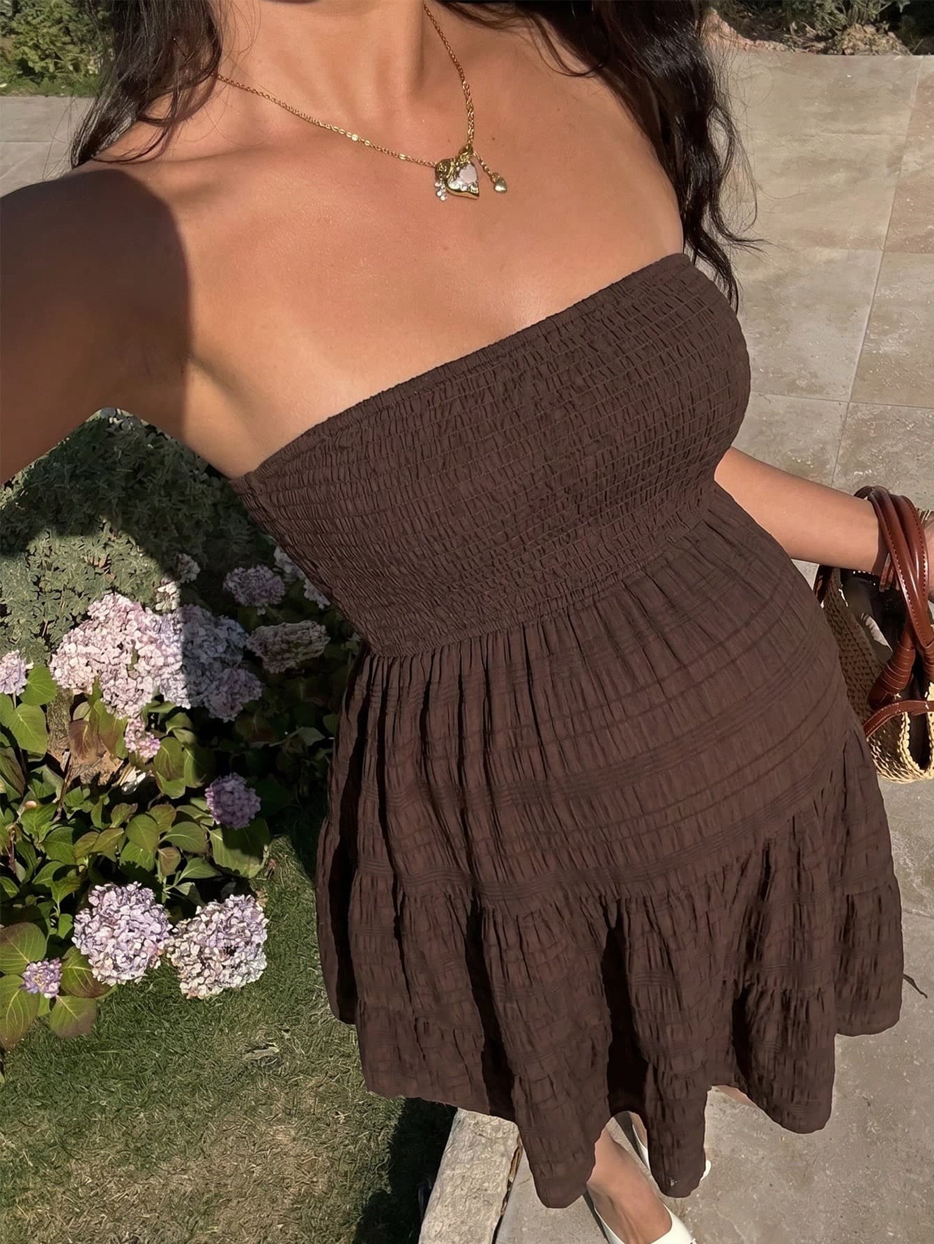 SHEIN Maternity Brown Tube Dress,Summer Boho Holiday Style Strapless Shirred Maxi Dress, Tiered Ruffle Hem Outfits For Pregnant Women,Vintage Date