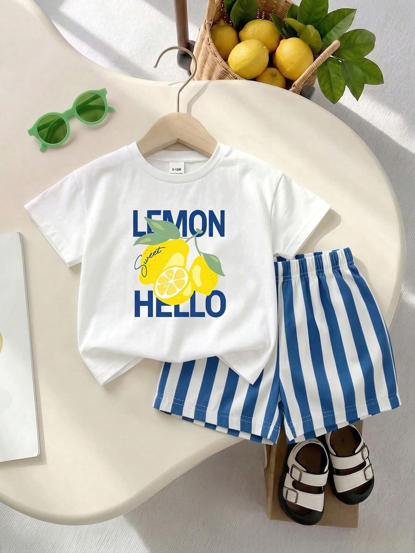 SHEIN Playful Pals 2pcs/Set Baby Boys' Summer Vacation Lemon Print Round Neck T-Shirt & Elastic Waist Blue White Stripe Shorts Cute Infant & Toddler Clothing Holiday