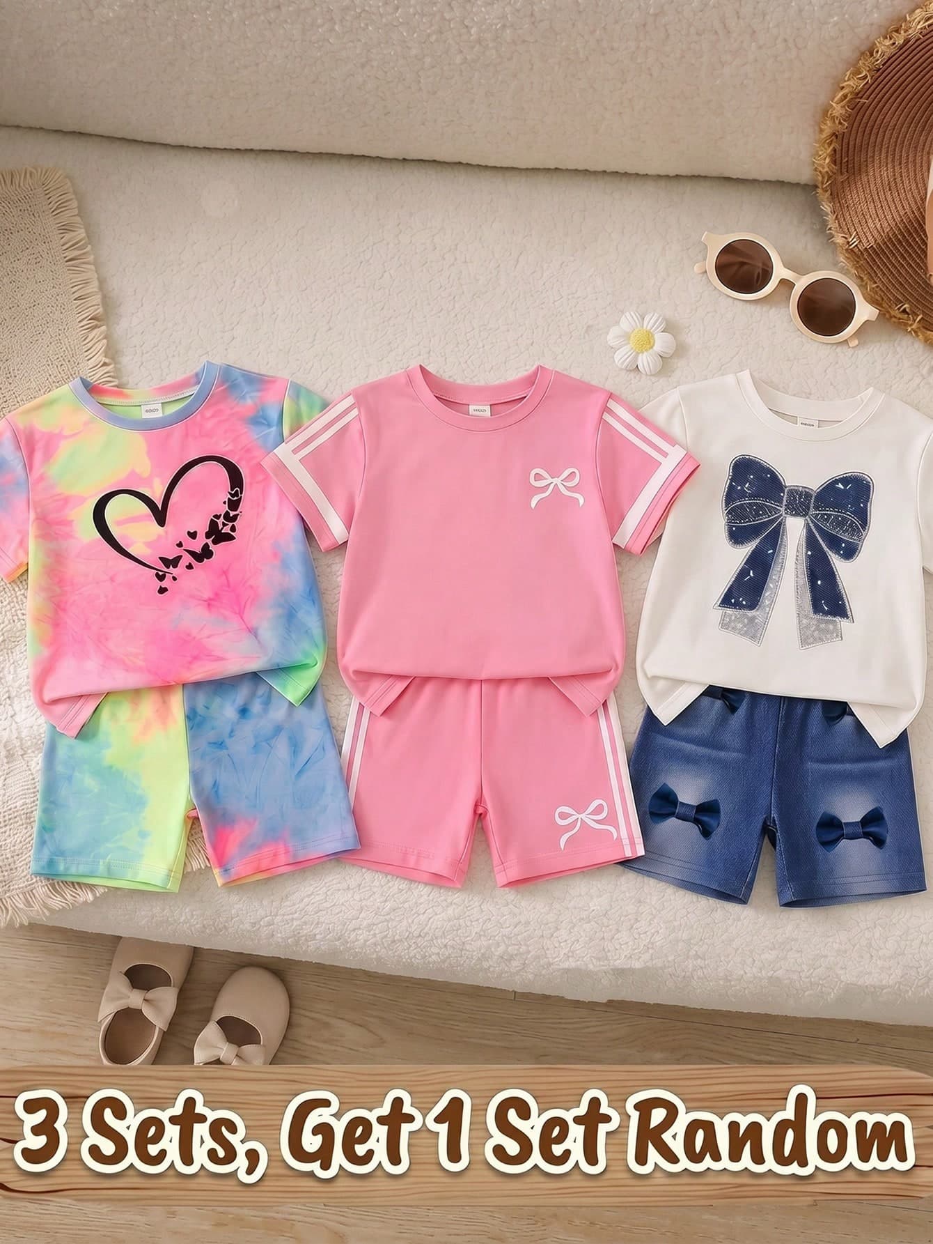 Cozy Pixies 3 Sets Baby Girl Casual Minimalist Heart Pattern Short Sleeve Top And Shorts Set, Suitable For Summer, Surprise Box - Get 1 Set Random