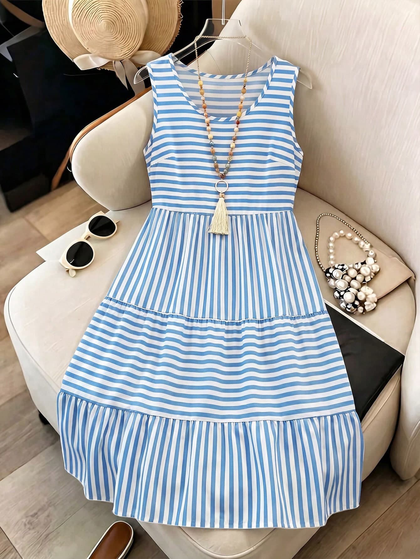 Breezaya Plus Size Women Casual Striped Dress, Fashionable Choice For Summer Vacation