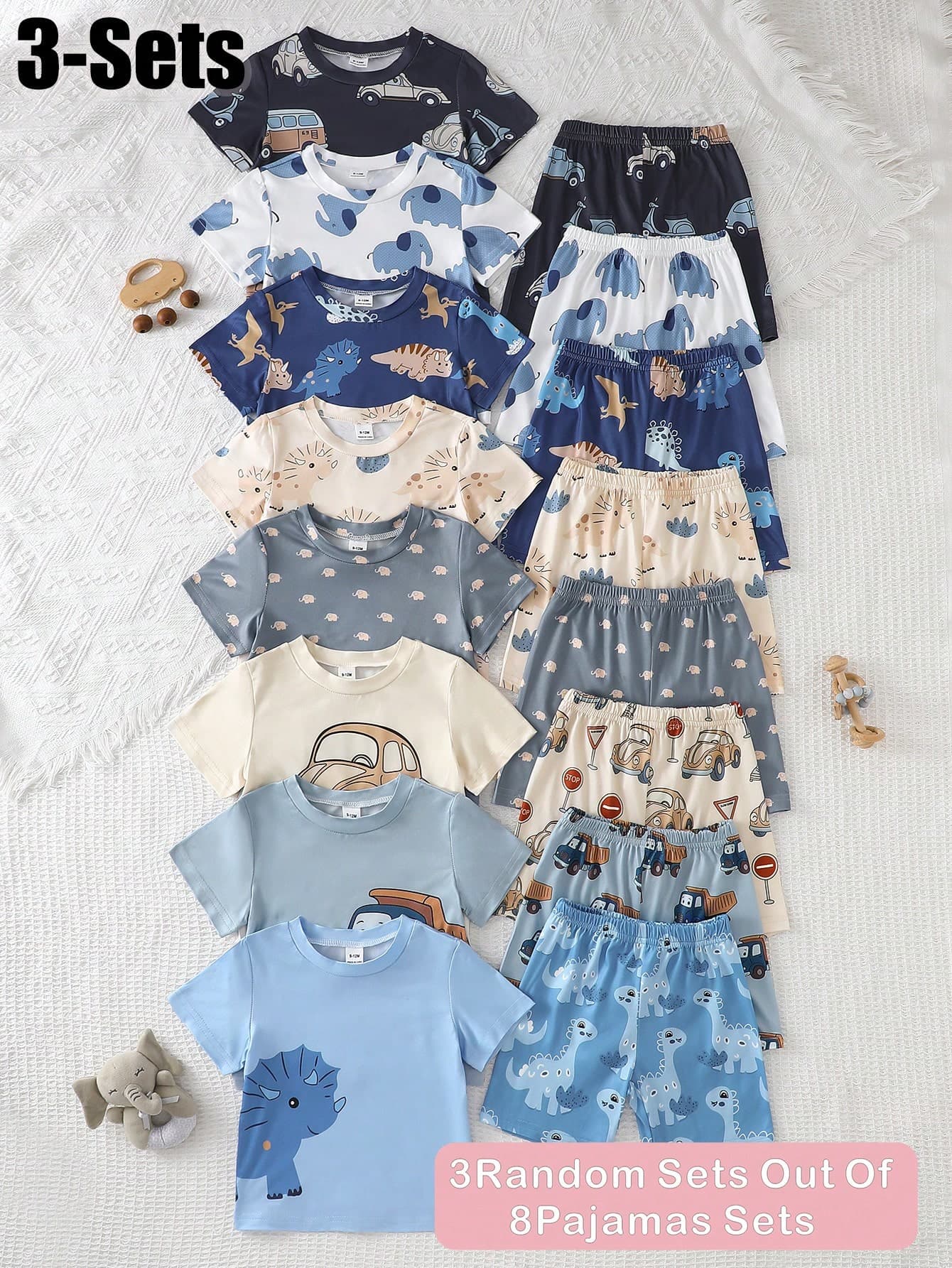 6pcs/Set Infant & Toddler Boys' Cartoon Dinosaur, Elephant, Construction Vehicle Graphic Comfortable Round Neck Short Sleeve T-Shirt And Shorts Homewear Set, Suitable For Summer Outdoor Wear