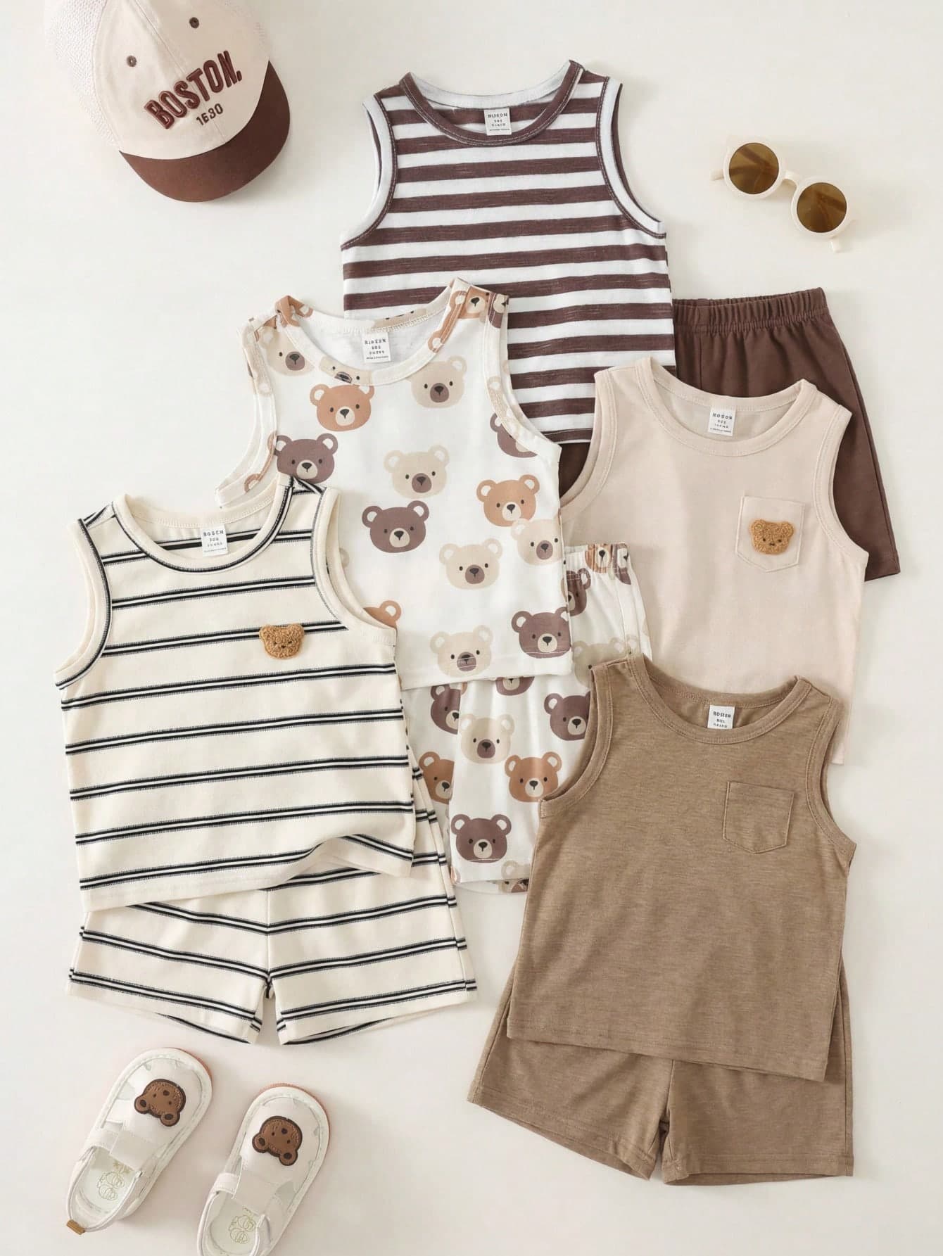 SHEIN 5pcs Baby Boy Baby Girl Unisex Baby Clothes Summer Cute Versatile Casual Knit Striped Cartoon Bear Pattern Tank Tops Multi-Color All-Match Tops Multi-Pack Cute Tops (Tops Only)