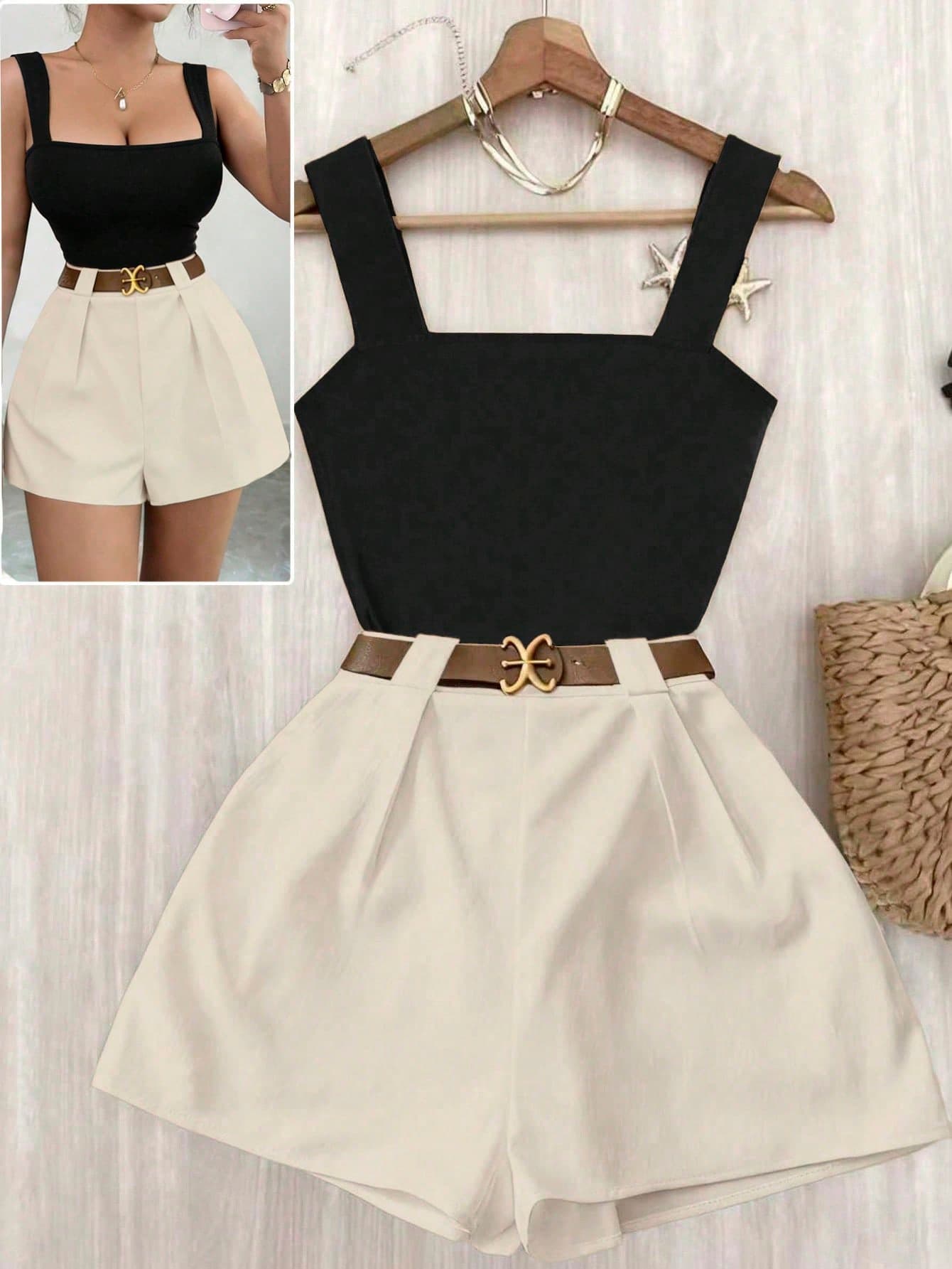 Elenzga 2pcs Women's Black And Beige Summer Elegant Brunch Outfit,French Fashion Square Neck Camisole Top&White High Waist Wide Leg Shorts Casual Vacation