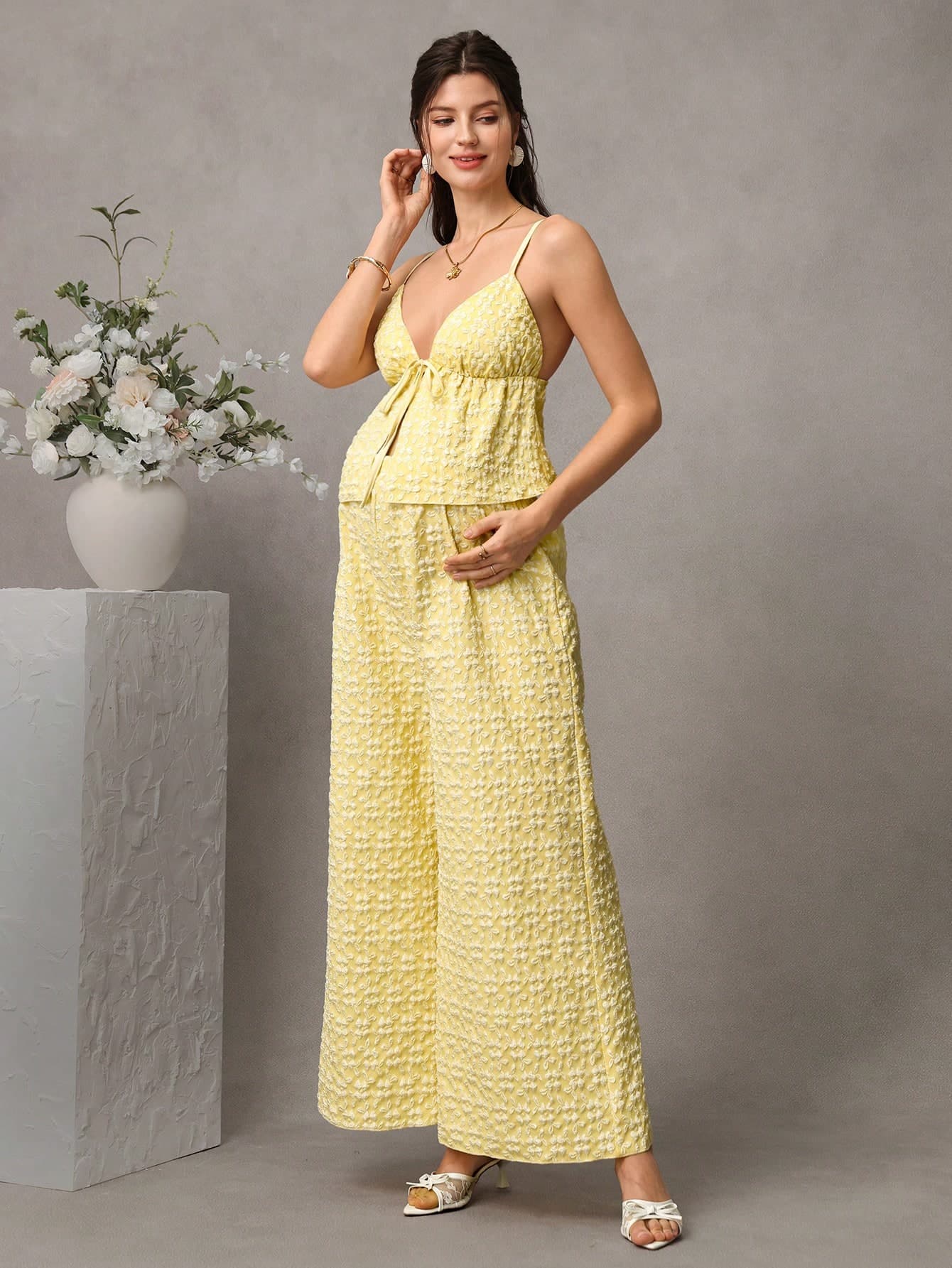 SHEIN Maternity Yellow Summer Jacquard Camisole And Wide Leg Pants 2 Pieces Set, Baby Shower Holiday Outfits For Women, Beach Photoshoot Vacation Clothes