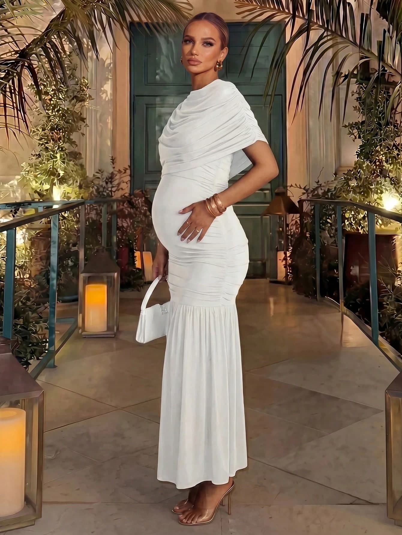 MaterniChic Elegant Maternity Dress With Ruched Batwing Sleeves And Fishtail Hem, Solid Color, Summer