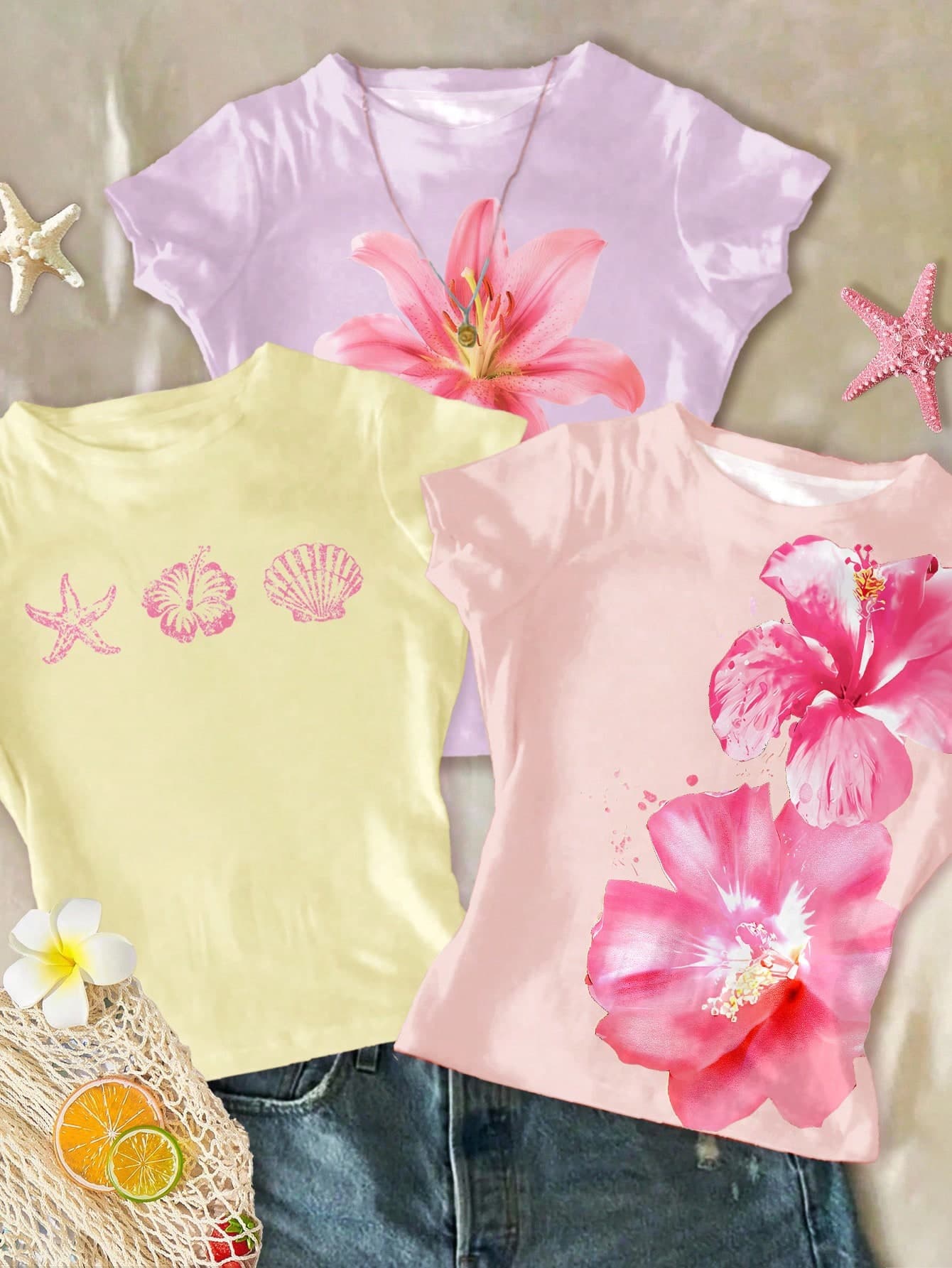 3pcs Dopamine Floral Print Crew Neck Short Sleeve Basic T-Shirts,Pink Floral,Summer,Cute,Vacation,Holiday Tween Girl Outfits,Spring & Summer Clothes
