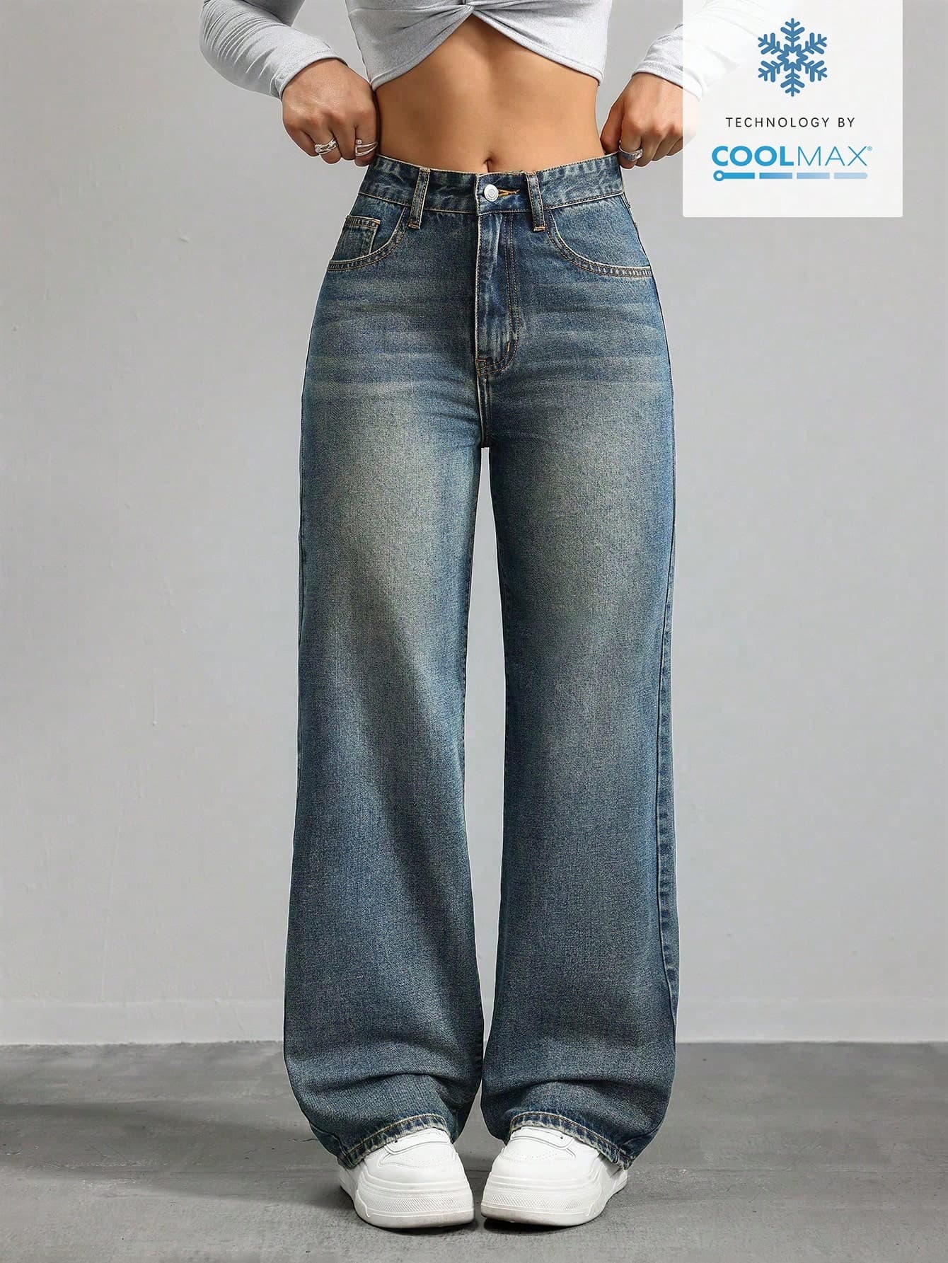Jeanoix Women's Solid Color Minimalist Casual Streetwear Everyday Denim Jeans Occasion Blue Winter