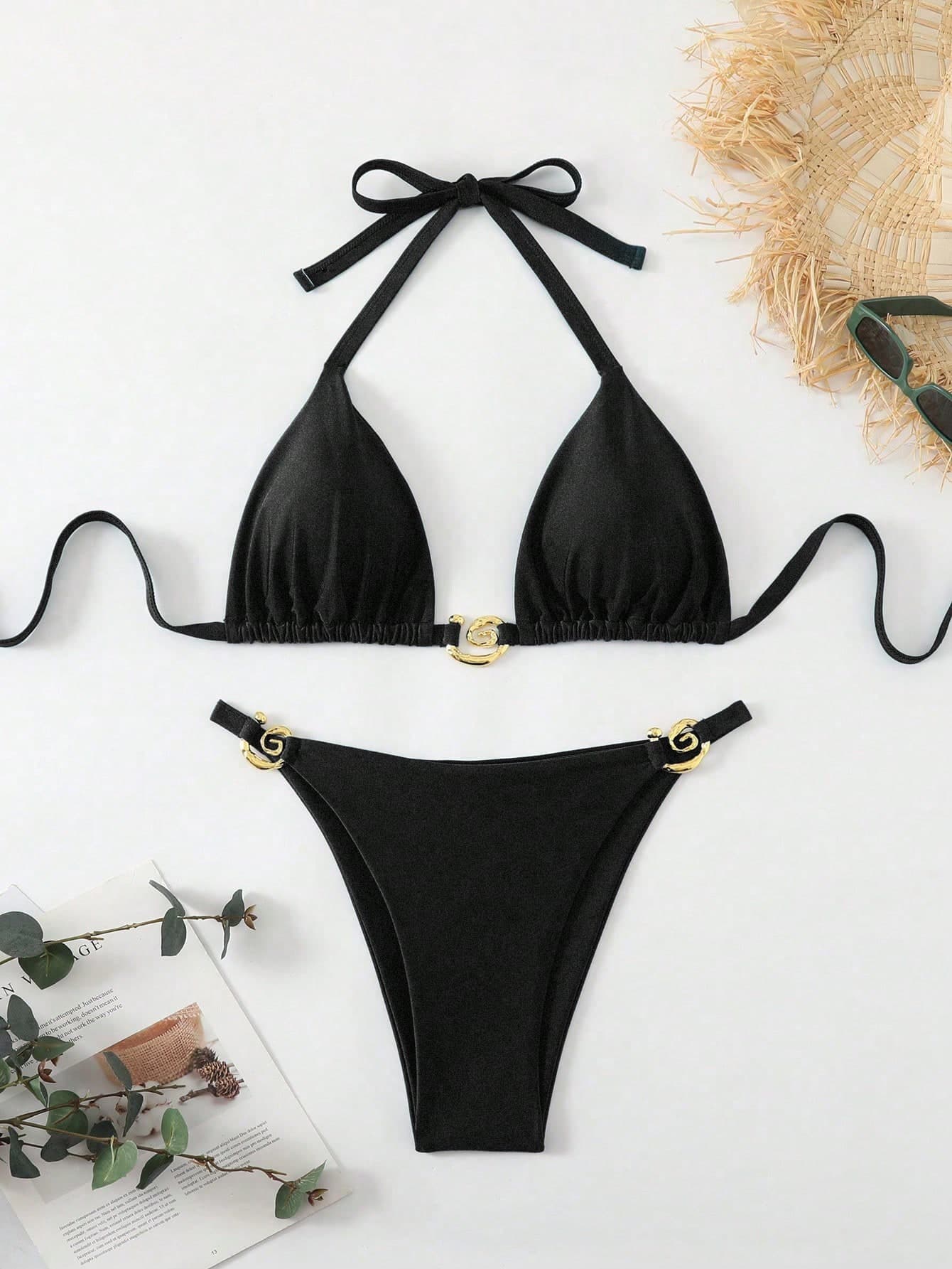 Swim SXY Plus Size Women's Halter Sparkly Solid Color Spiral Decor Tankini Swimwear Set Beach Vacation Summer Sexy