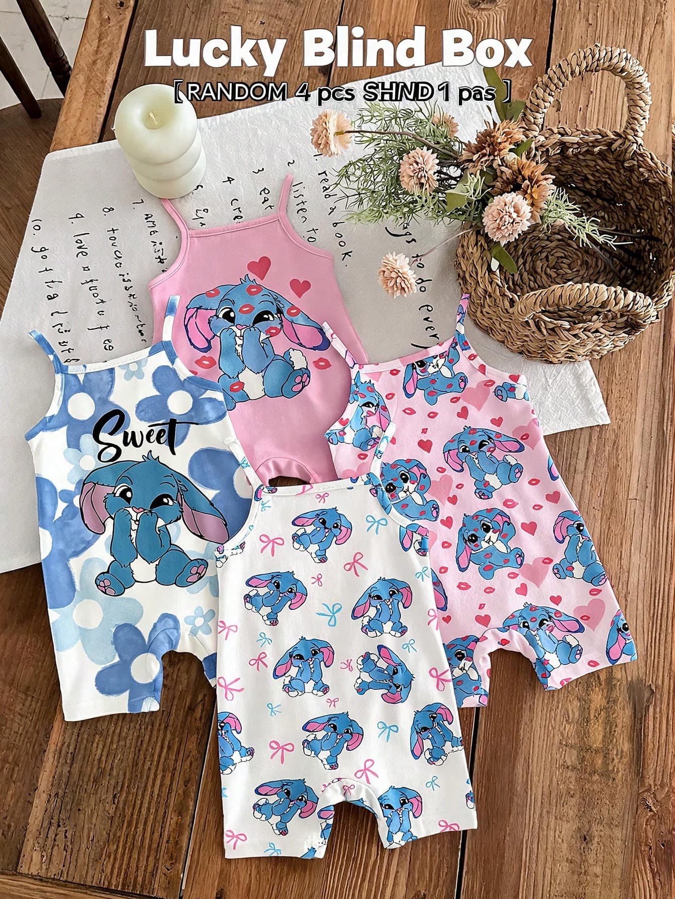 Cute Pink Heart Lip Print Cartoon Blue Rabbit Lulu Baby Girl Casual Strap Romper,Summer,Family Matching,Christmas Bow Pattern Vacay Vibes,4pcs Set