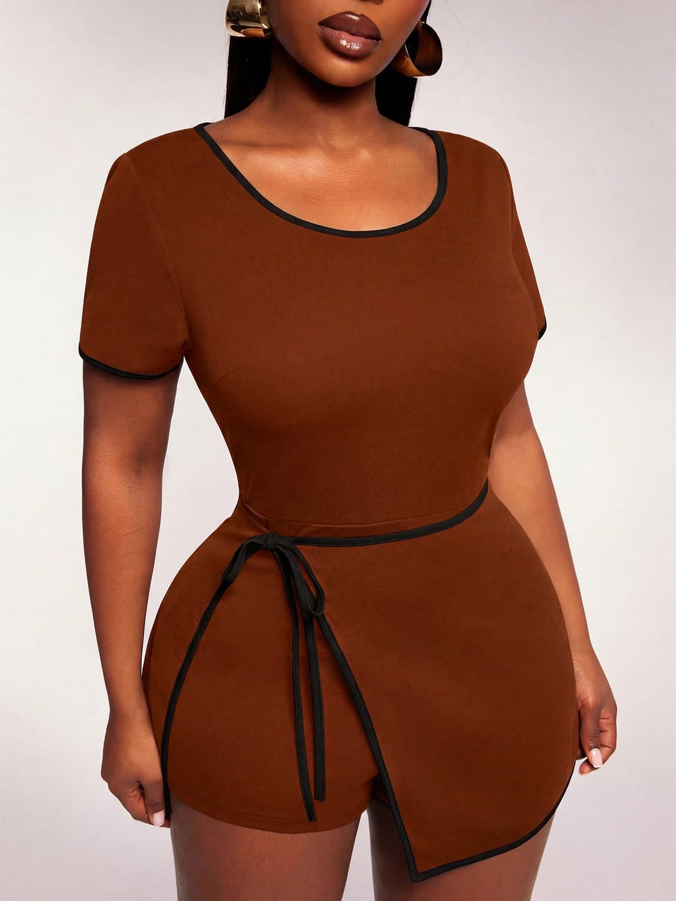 Radiana Women's Brown Short Sleeve Sports Set With Contrast Trim And Wrap Detail Skort For Active Wear