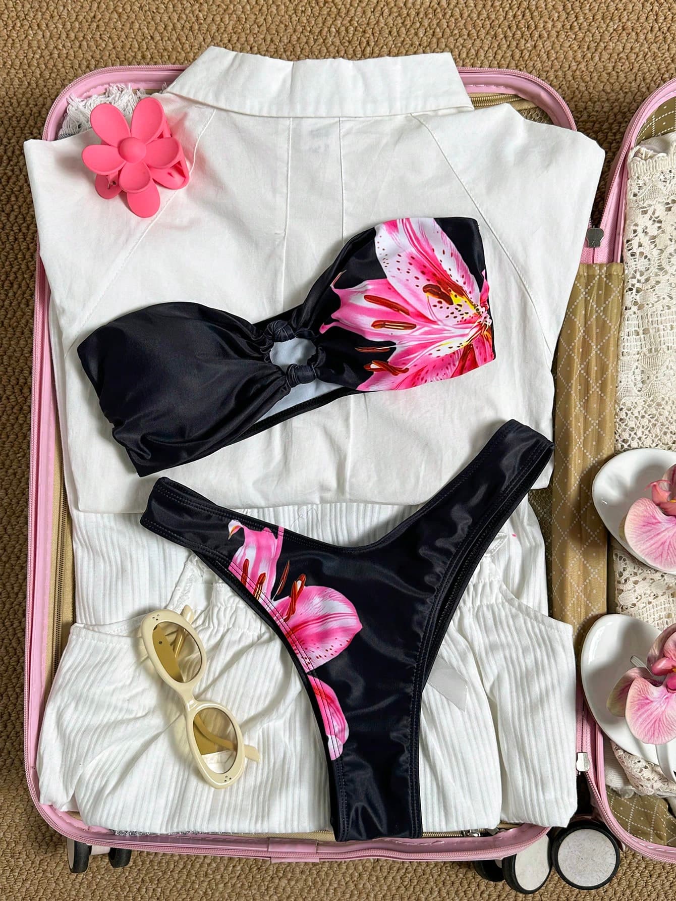 Swim Mod Women's Summer Vacation Beach Floral Print Bandeau Bikini Set, Random Print Hot Pink Tropical