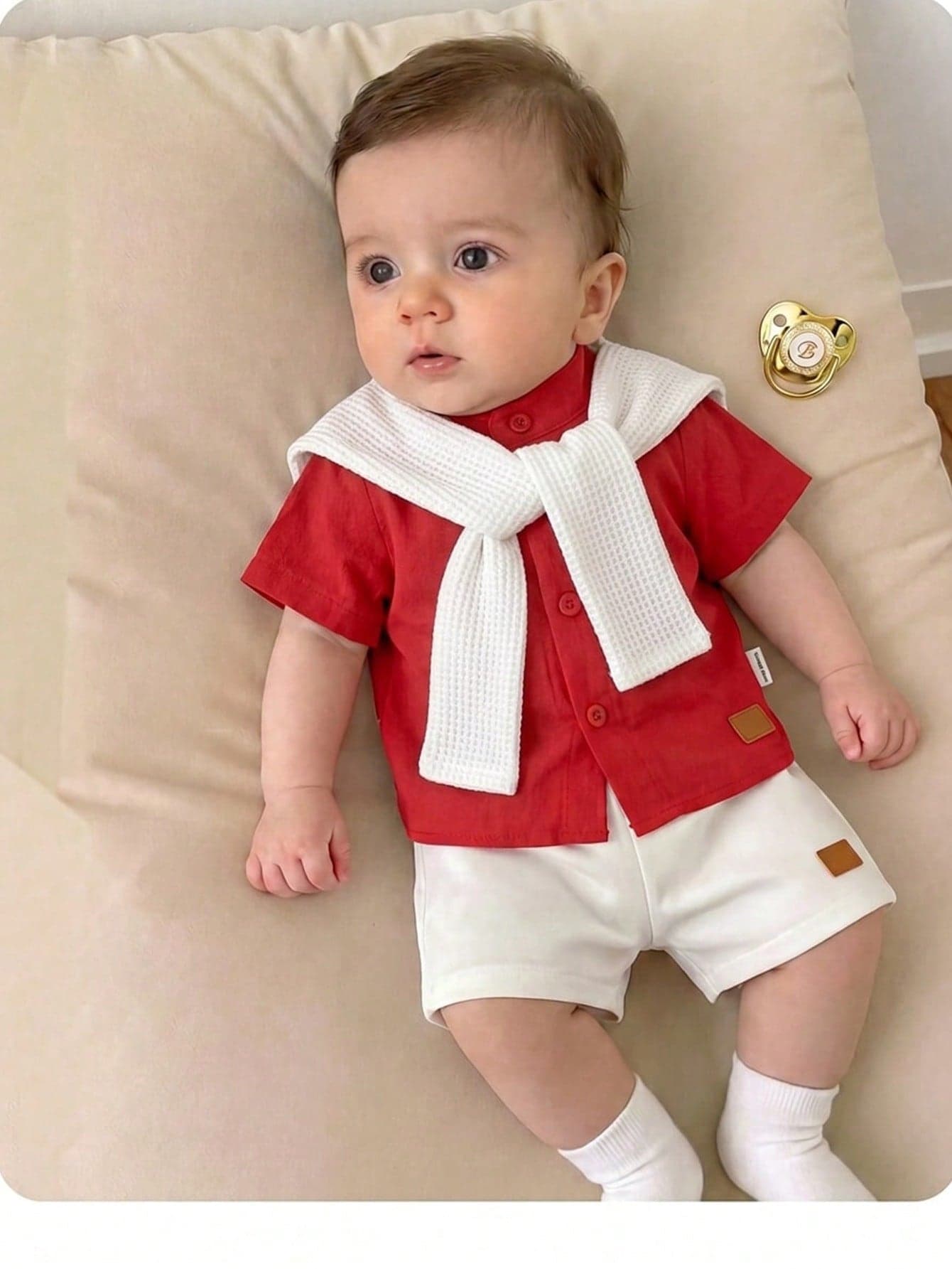 Newborn Baby Boy Casual Cute School Style Short Sleeve Shirt And Elastic Waist Shorts Set