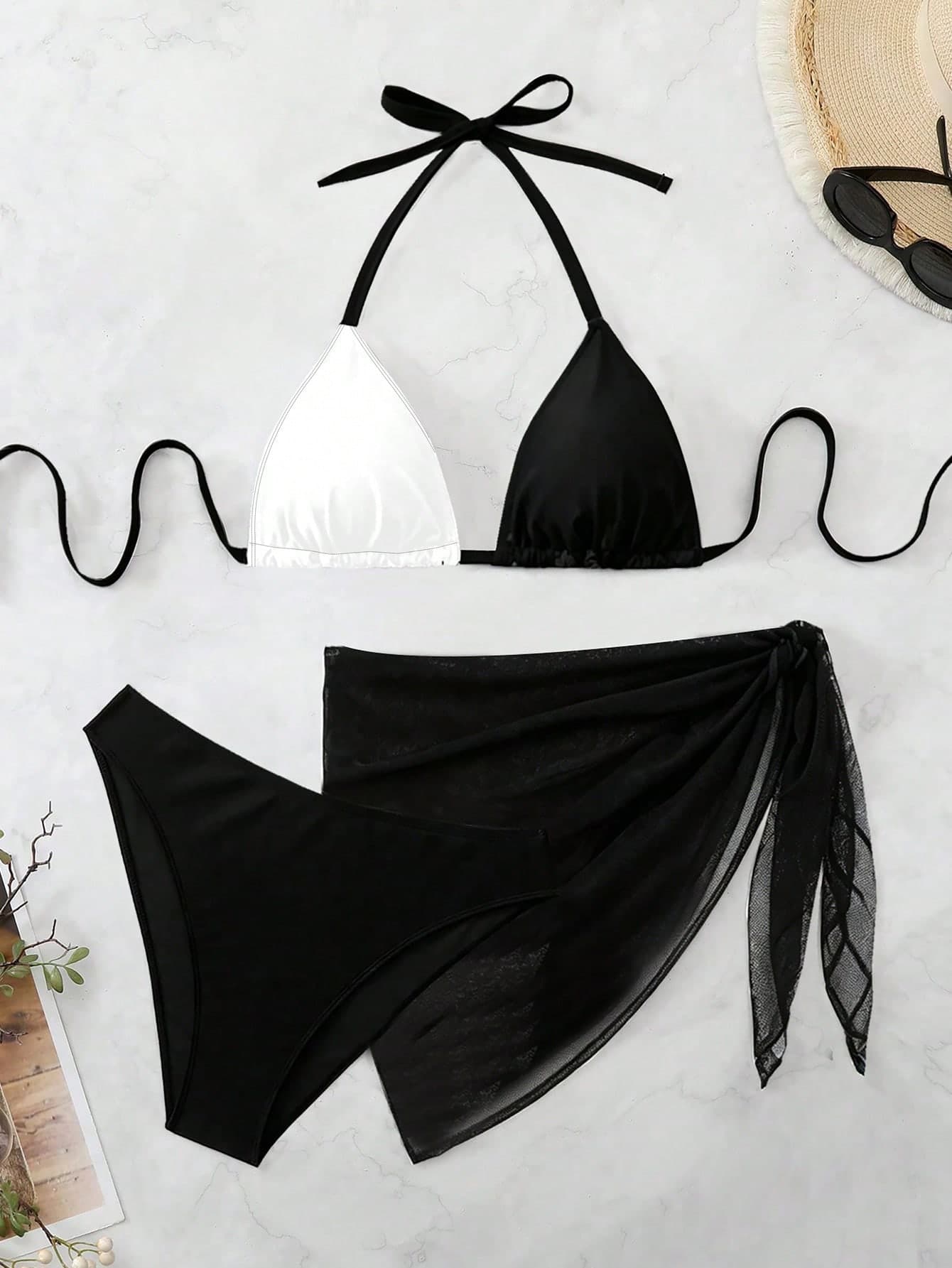 Swim Vcay Plus Size Women 3pcs Set Halter Backless Printed Bikini Swimwear With Mesh Short Apron, Vacation Beachwear Beach Black Summer Sexy