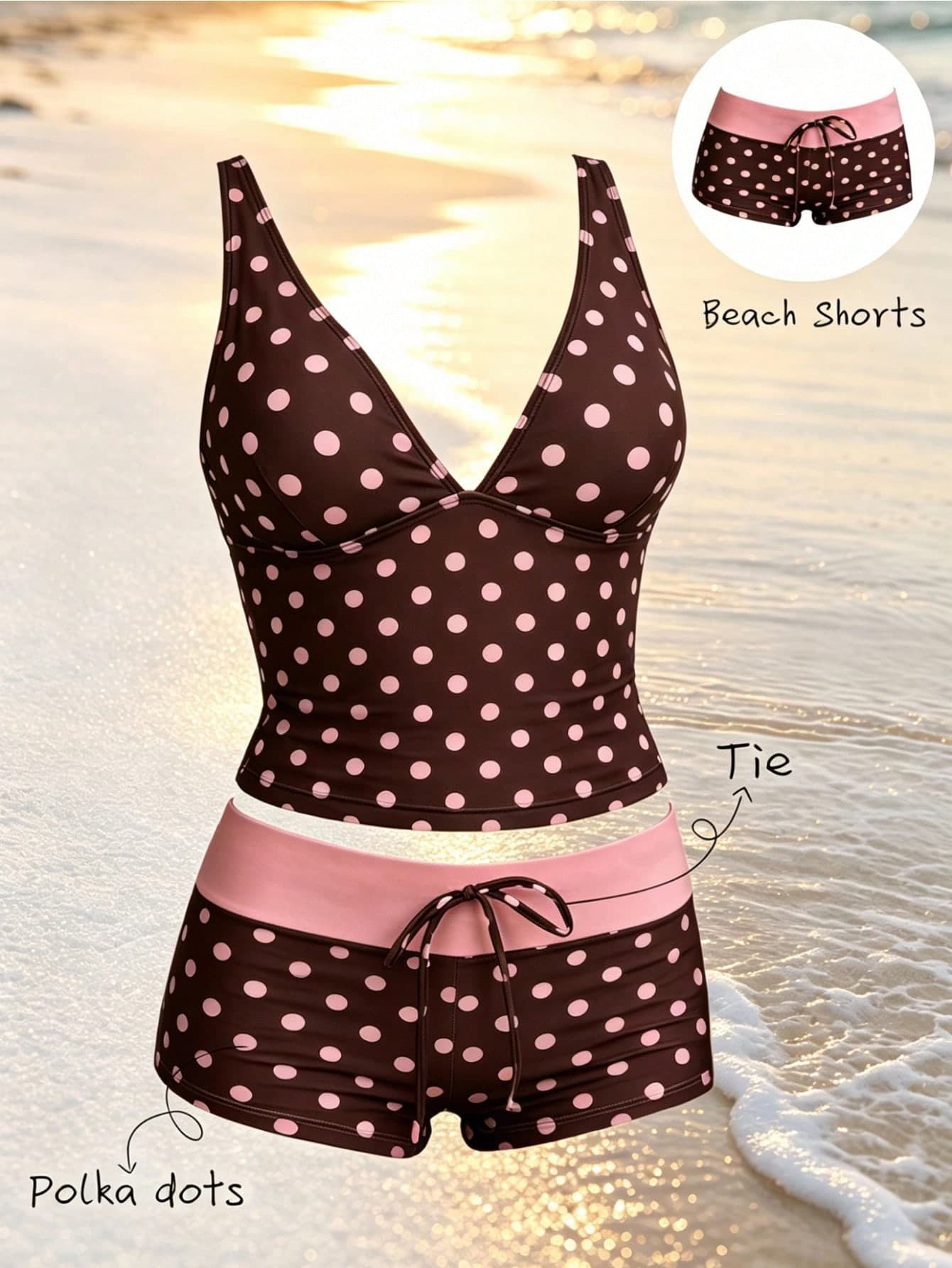 Swim Mod 2026 New Plus Size Retro Polka Dots 2 Piece Vacation Outfit Women's Hot Pink,Summer,Comfy,Beach,Holiday Outfits,Vintage Tropical Cabo Cancun Clothes