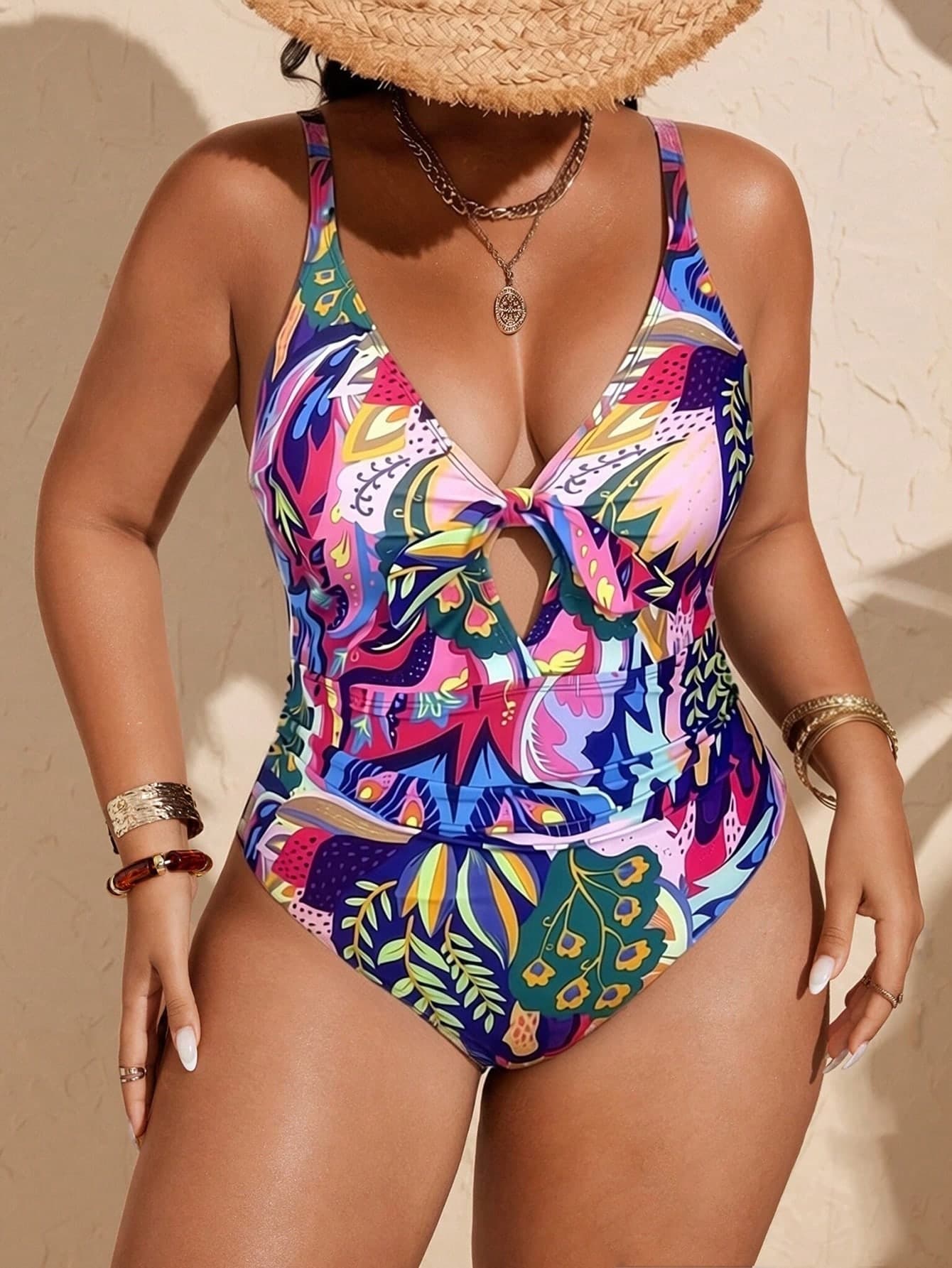 Swim Vcay Plus Size Women's One-Piece Fashionable Tropical Light Blue V-Neck Tie Hollow Design Adjustable Strap Swimsuit, Casual Vacation Beach Gym Summer