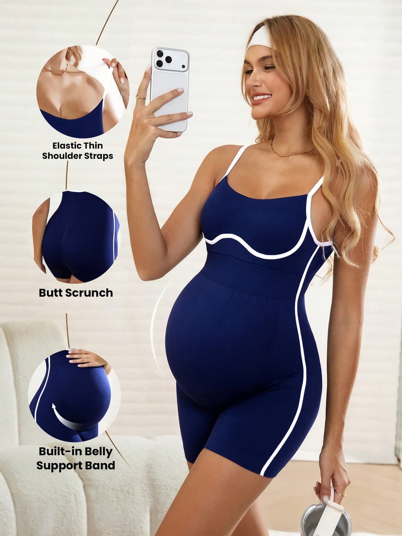 SHEIN Seamless Sports Yoga Jumpsuit,Navy Blue White Trim Contrast Color Maternity Body Suit,Summer Casual Gym Yoga&Workout Bodysuit Zip Up Tummy Control