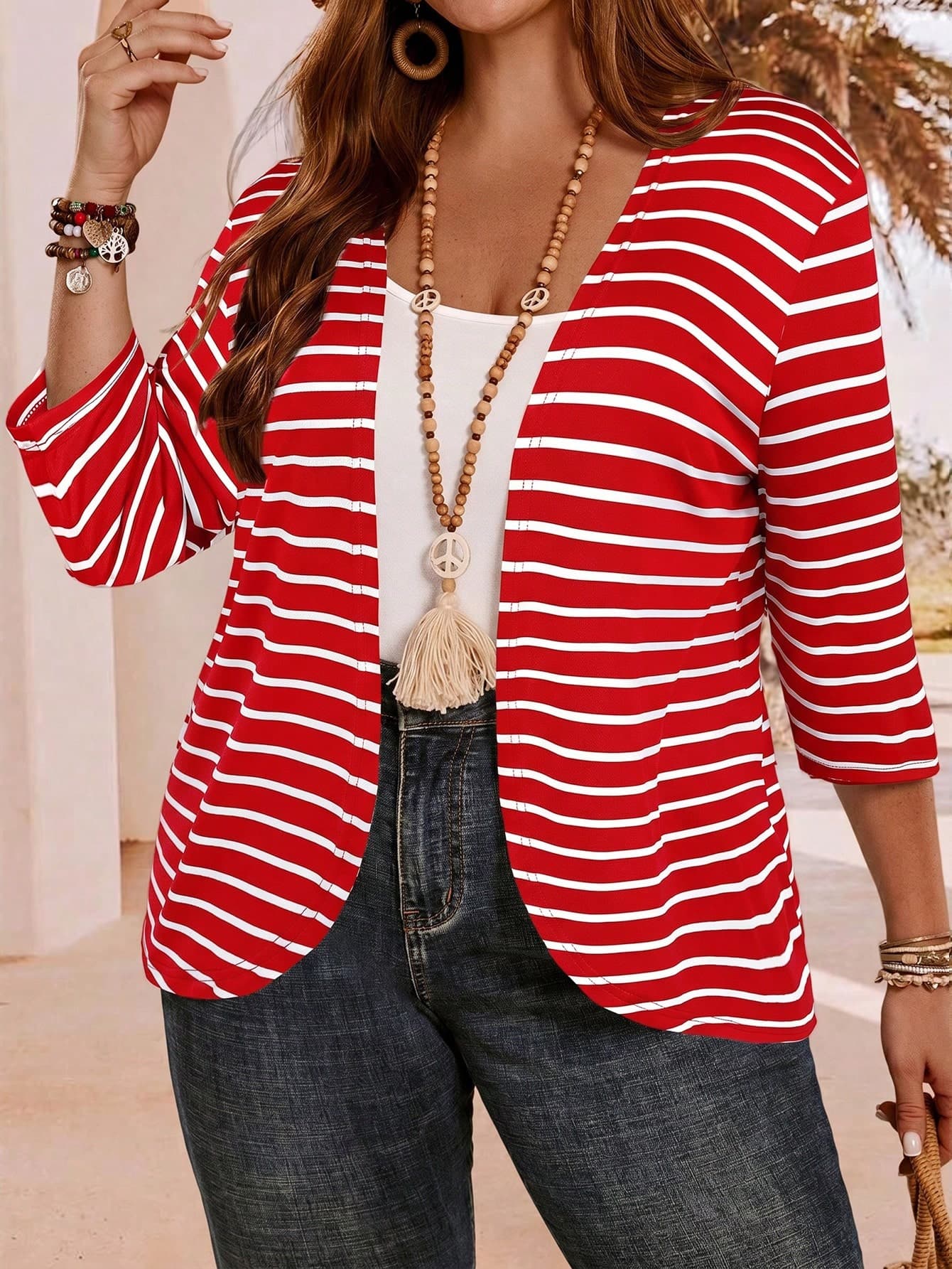 EMERY ROSE Plus Size Women Summer Vacation Red Striped 3/4 Sleeve Jacket, Autumn,Fall