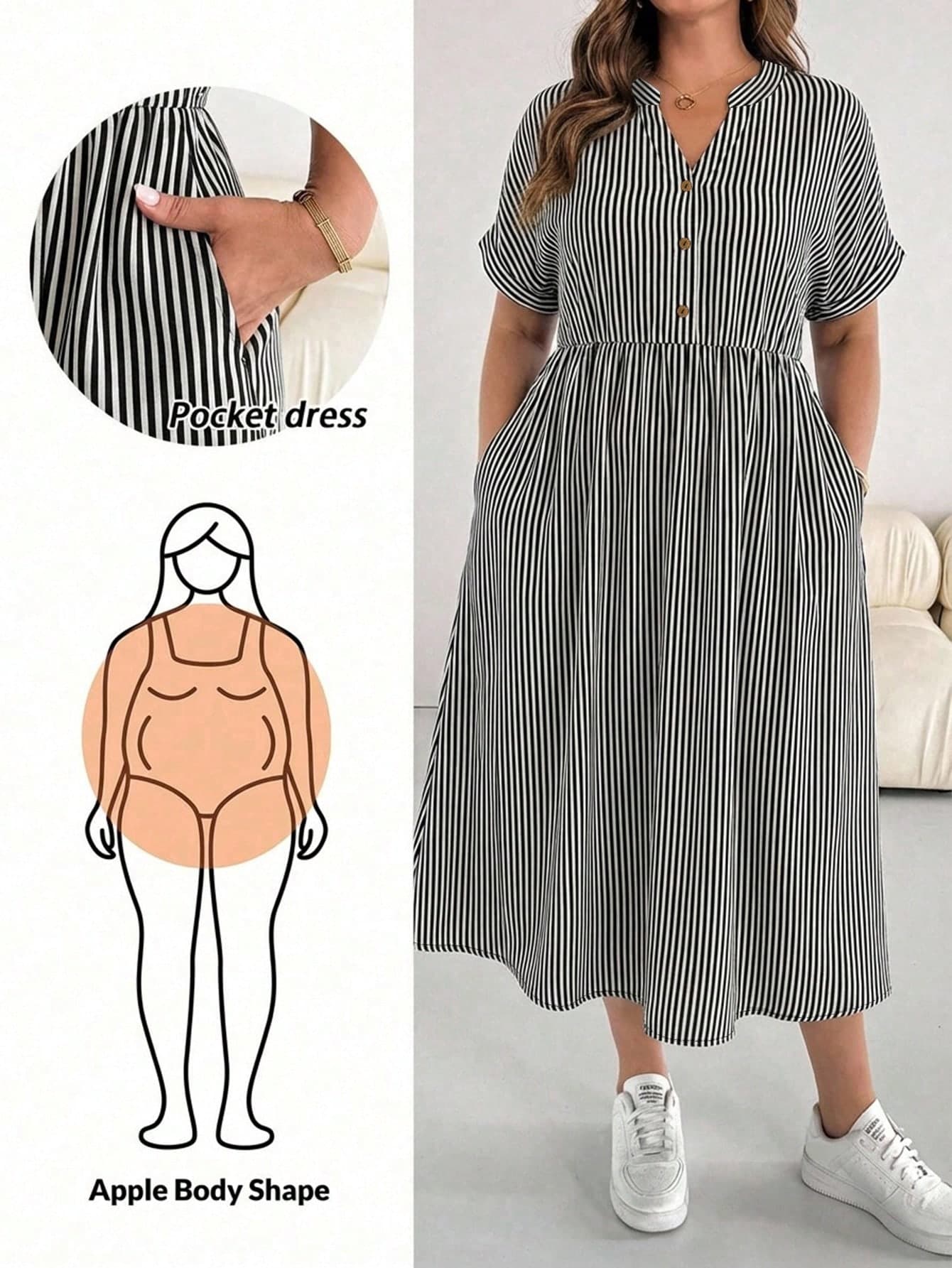 SHEIN Essnce Plus Size Summer Casual Striped Notched Neck Short Sleeve Dress Vacation Dresses