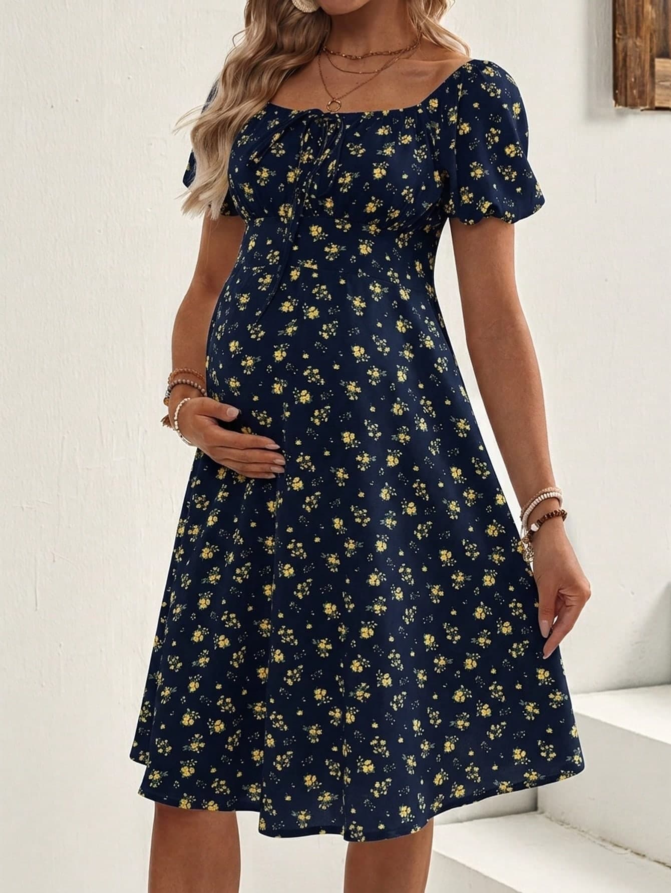 GentleRue Maternity Maternity Ditsy Floral Square Neck Short Sleeve Dress, Summer