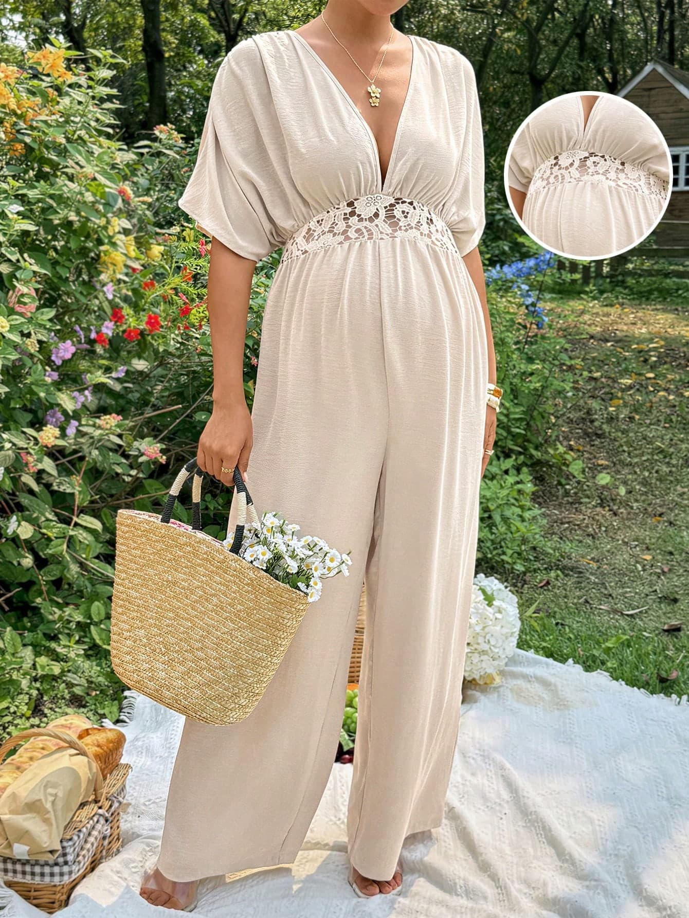 SHEIN Summer Maternity Jumpsuit, Apricot Color, Suitable For Various Occasions Such As Casual Elegant Vacations, With A Simple V-Neck Short-Sleeved Design