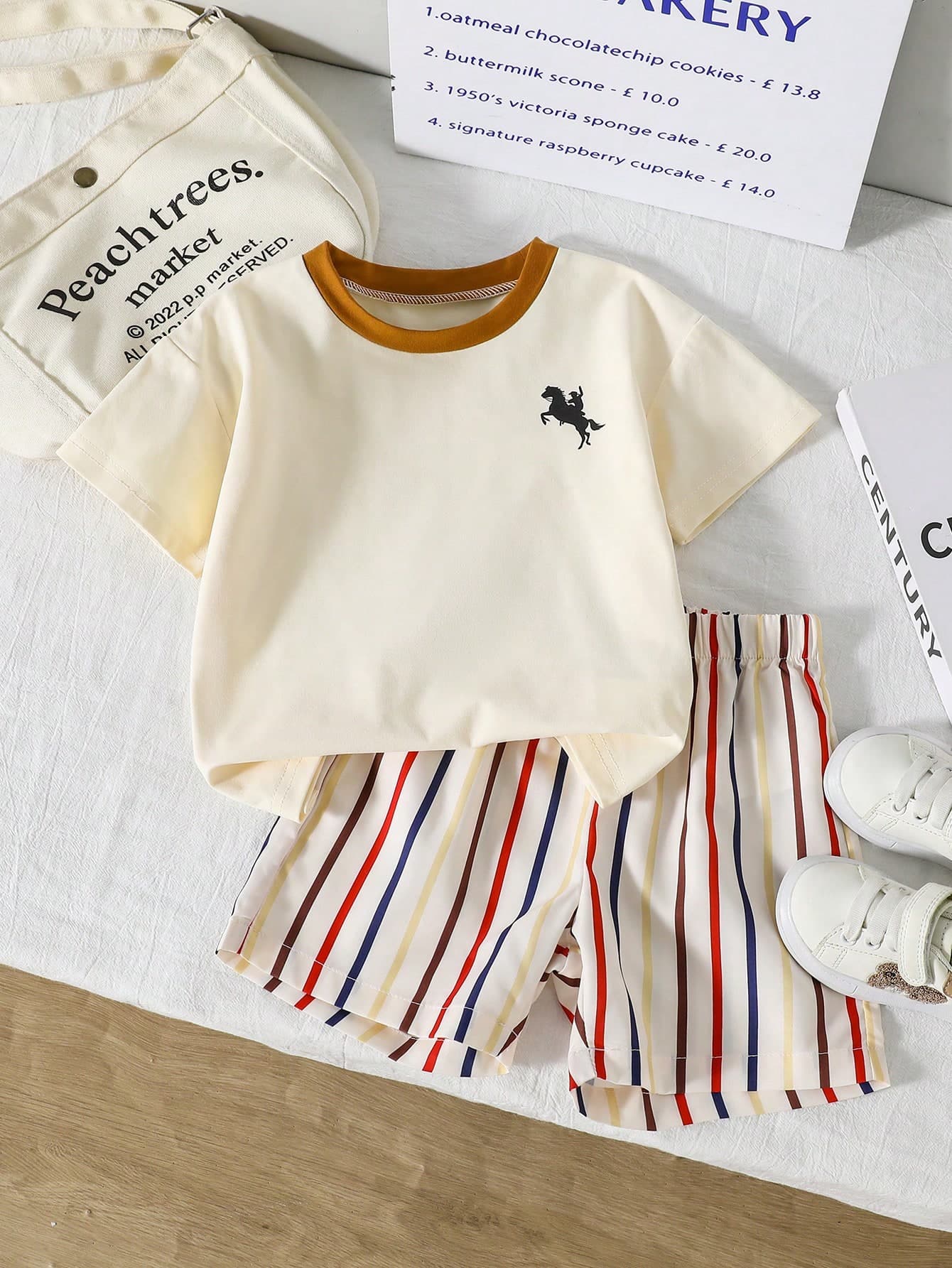 Playful Pals 2pcs/Set Toddler Boys' Casual Graphic Print Round Neck Raglan Top And Striped Shorts,Summer Back-To-School Fashionable Comfortable School Outfit