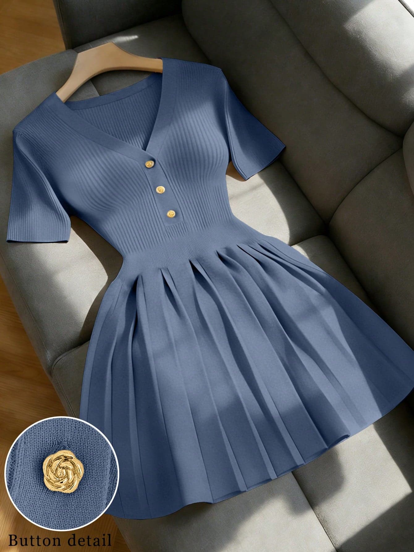 Franclia Women Summer Dusty Blue Plus Size V-Neck Knit Sweater Dress,Autumn Casual Formal Back-To-School Short Sleeve Slim Metallic Rose Buttons Pleated Hem