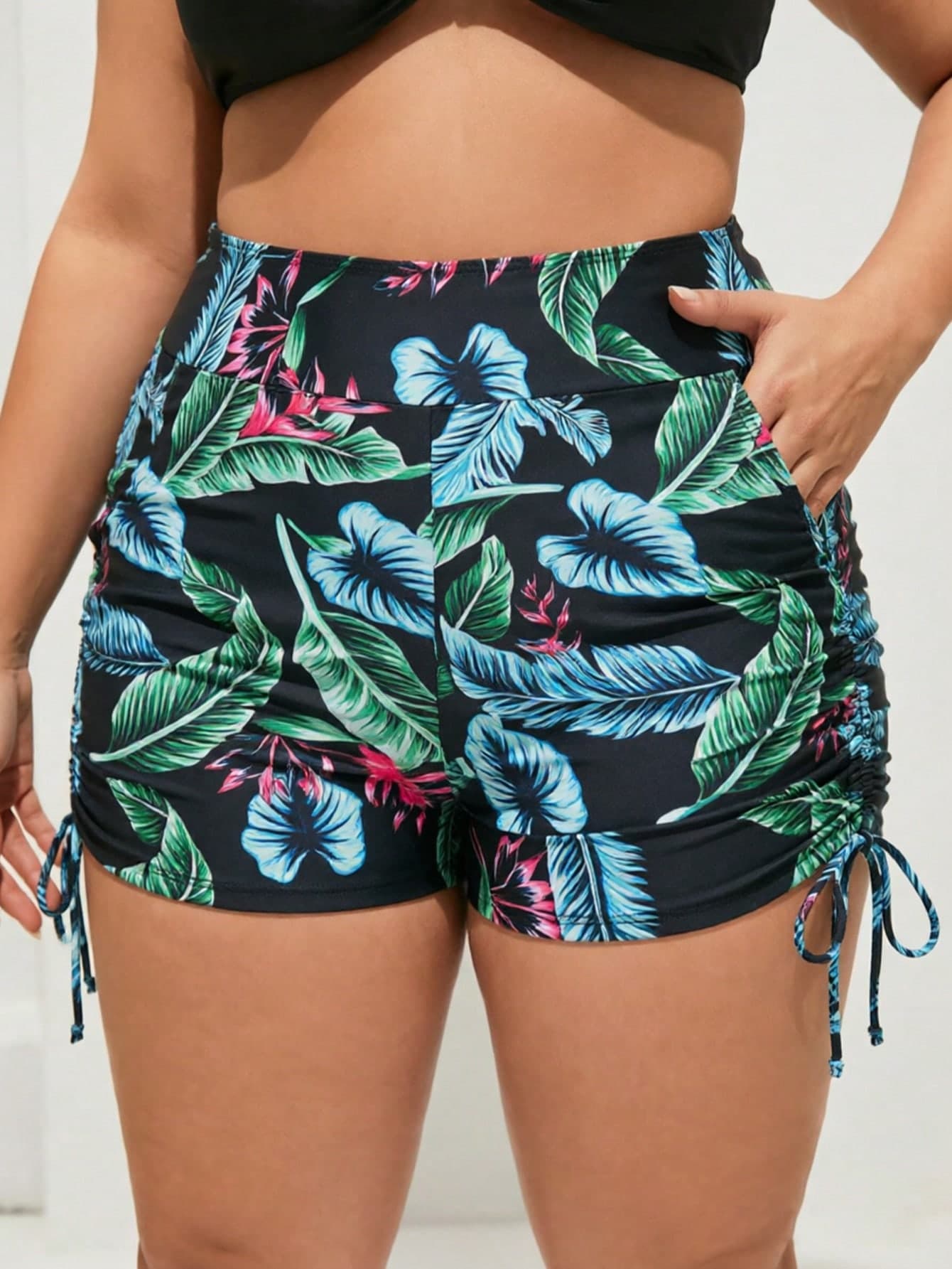 Swim SPRTY Plus Size High Waist Casual Ruched Summer Comfortable Swimwear Bottom With Pockets Beach Vacation Black