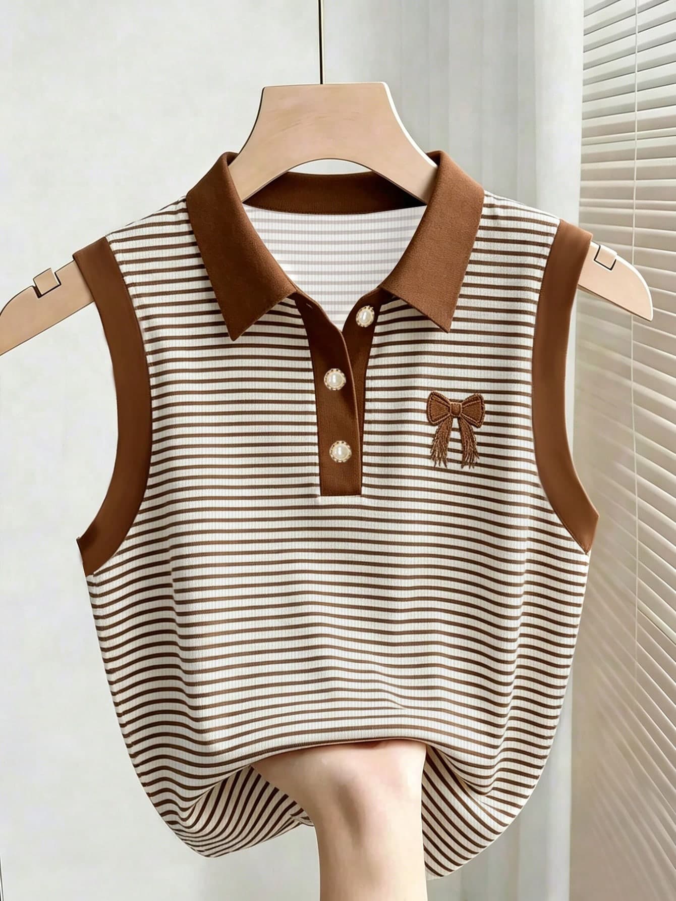 Resyla Women's Summer Casual Striped Bow Embroidery Trim Tank Top