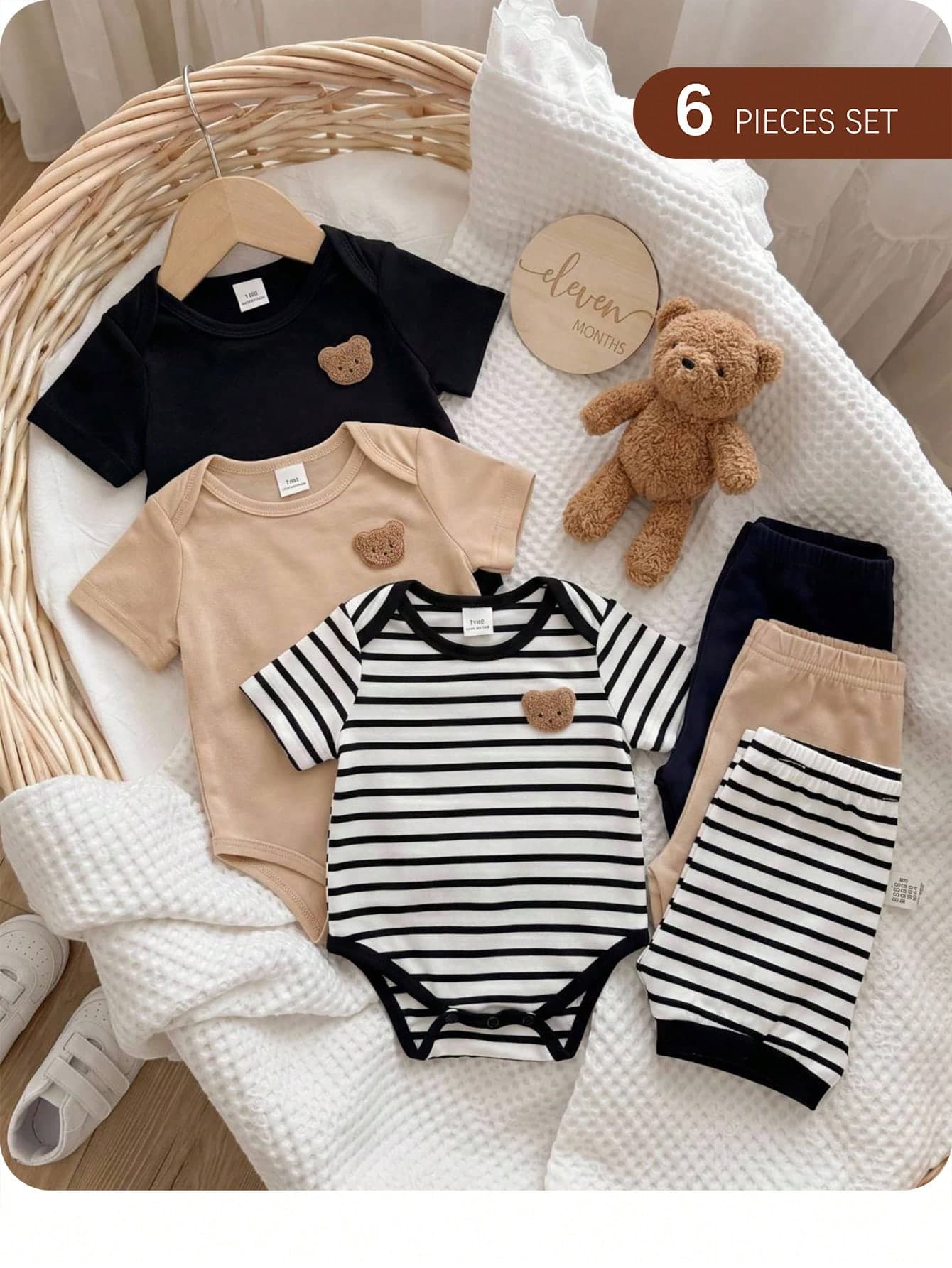 SHEIN 6pcs/Set Newborn Baby's Black And White Striped,Summer,Casual,Cute,Family Matching Short Sleeve Bodysuit And Long Pants Set,Patchwork Star Pattern