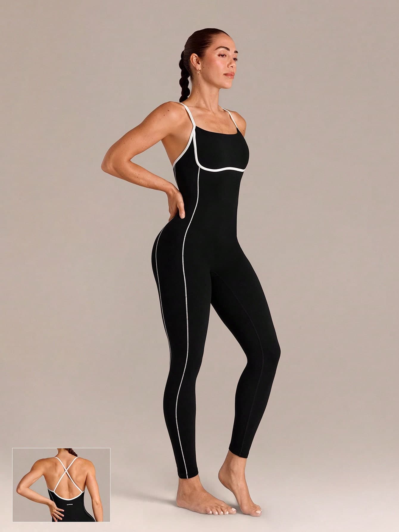 GLOWMODE 24" FeatherFit™ Breathable Stretchy Contouring Side Seams Contrast Trim Crisscross Back Bodysuit One Piece With Removable Cups Low Impact Yoga Studio Pilates Daily Wear