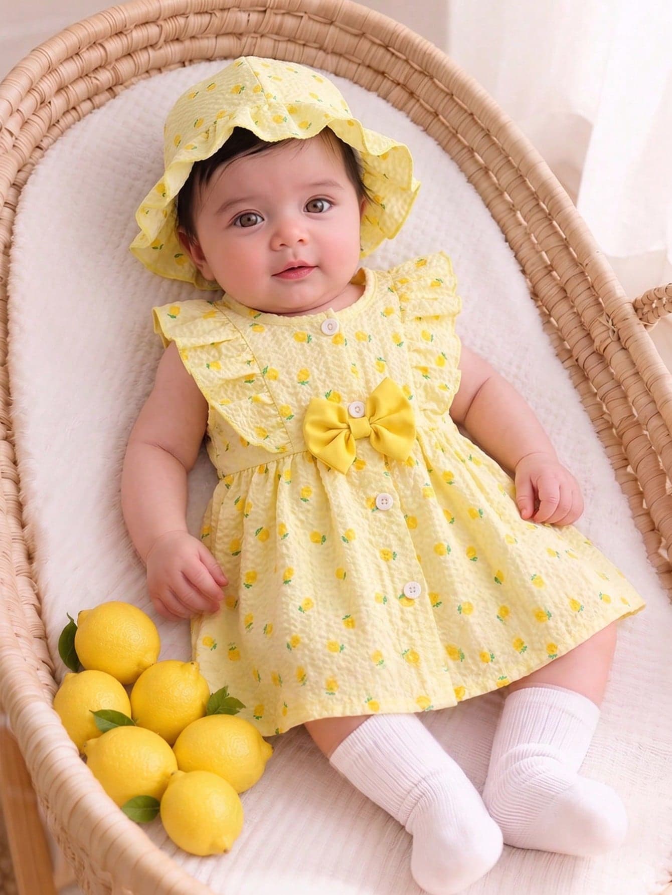 Souflis Souflis Cute New Born Baby Girl Soft Yellow Textured Fabric Dress With Lemon Flower Print,Yellow Bow&Bucket Hat,Summer Soft Summer Colour Palette Vacation