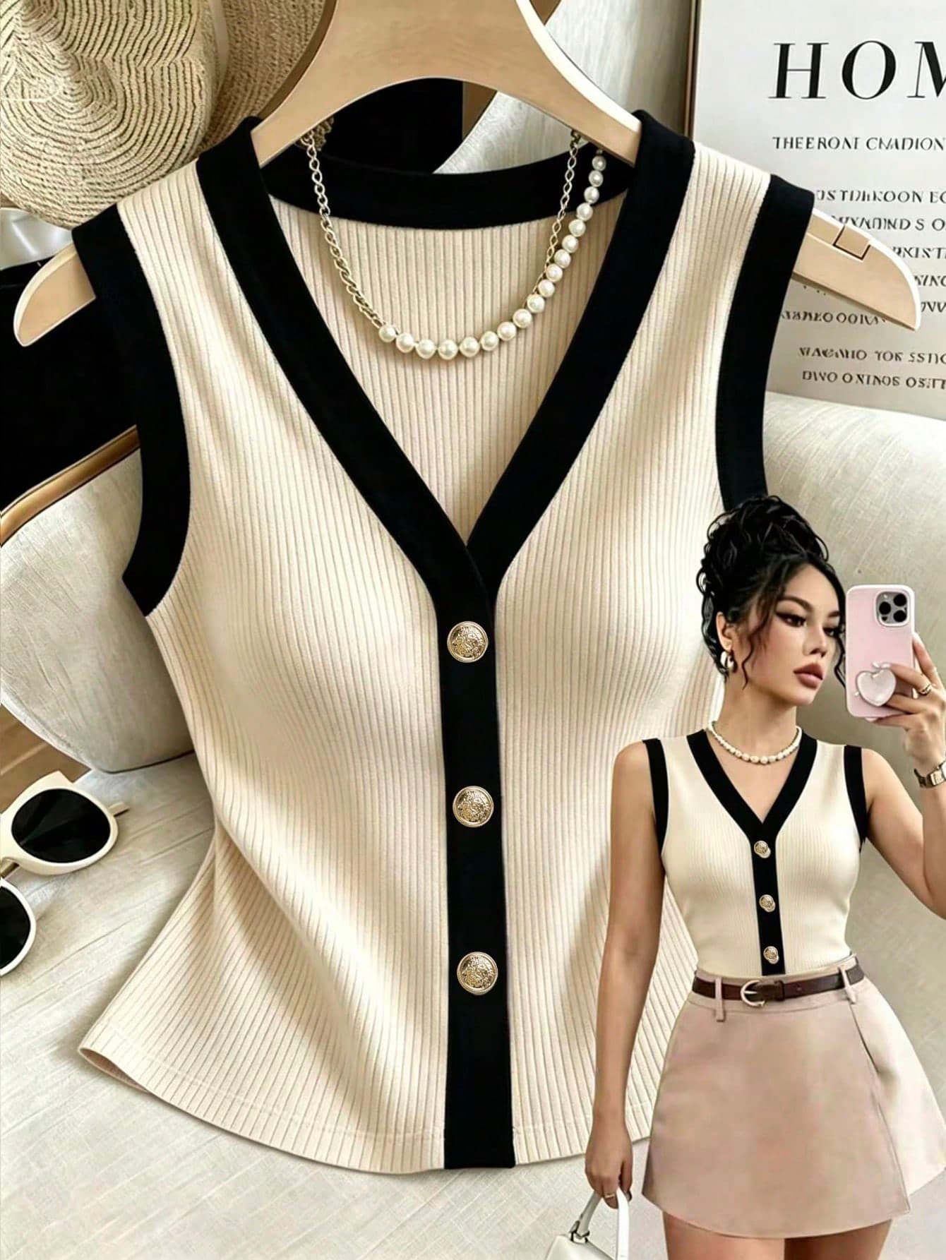 Franclia Women's Elegant Elastic Ribbed Black And Beige Contrast V-Neck Cinched Waist Metal Buckle Camisole,Summer Top For Brunch,Vacation & Casual Wear