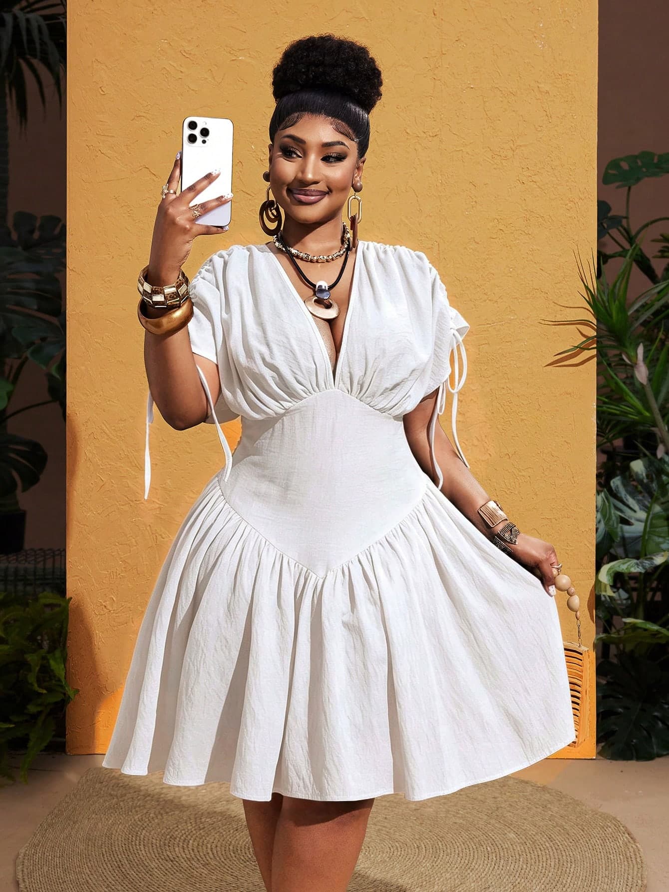 Maweii Plus Size V-Neck Elegant Waist Cinched Casual Comfortable Dress Fall